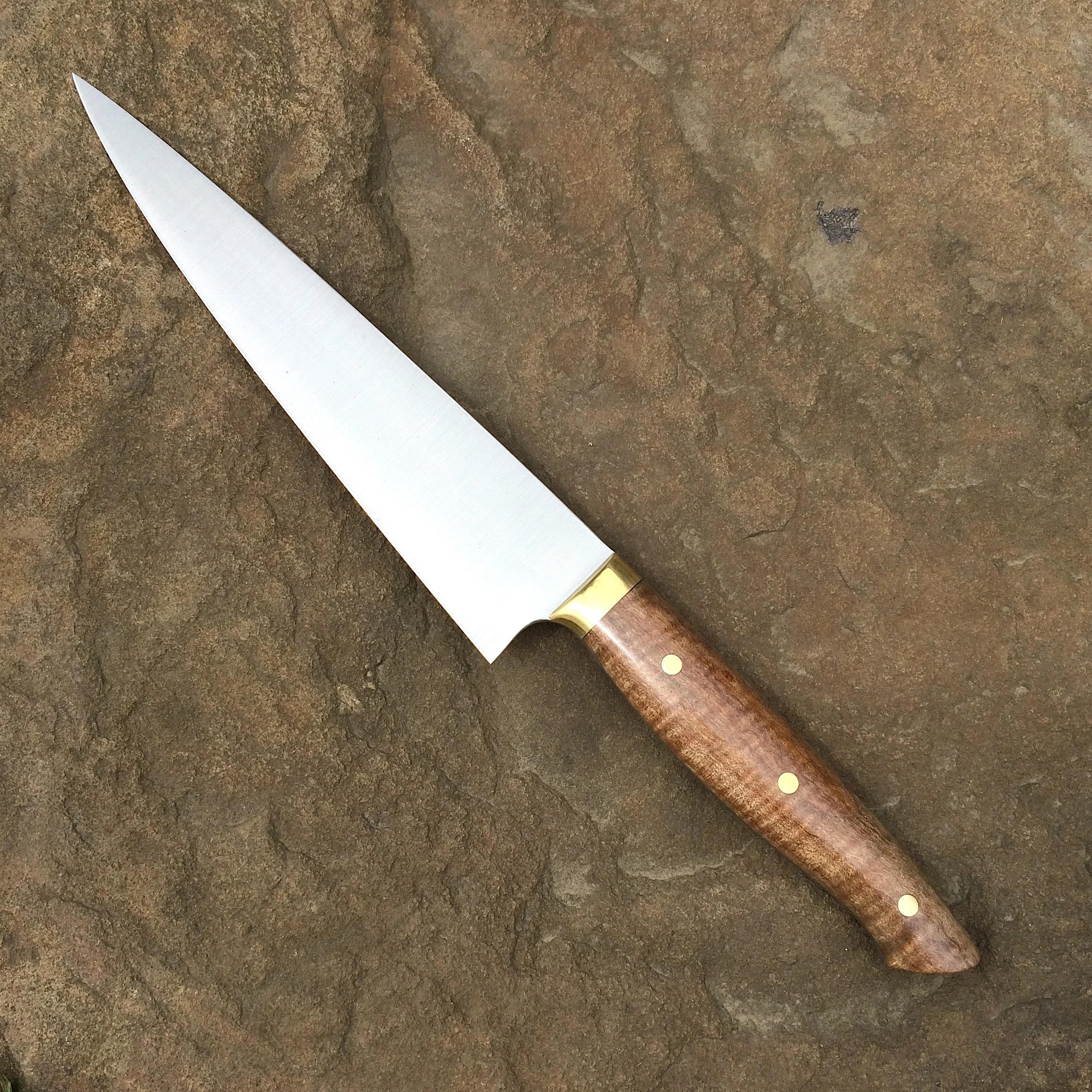 7" Cook's Knife. 52100 steel, maple and brass handle.