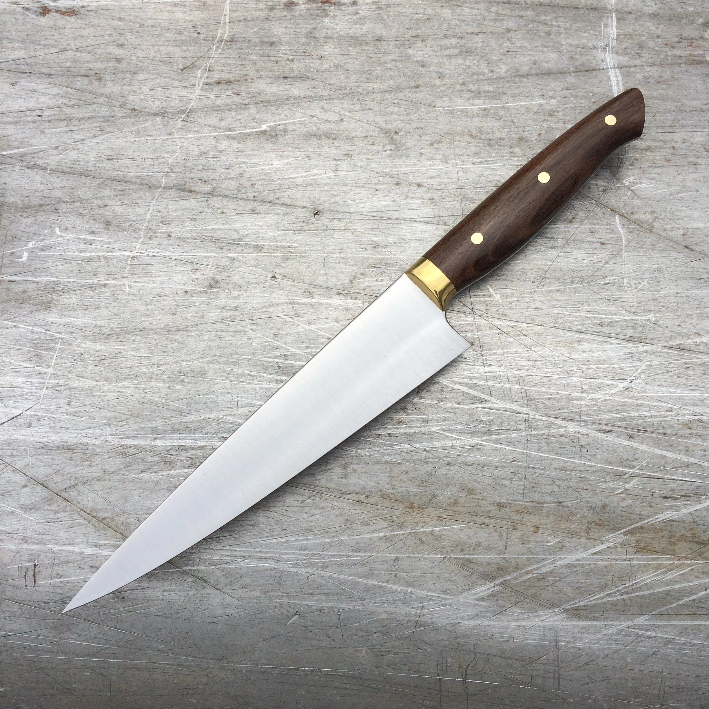 7" Cook's Knife. 52100 steel, stabilized Mahogany and brass handle. 