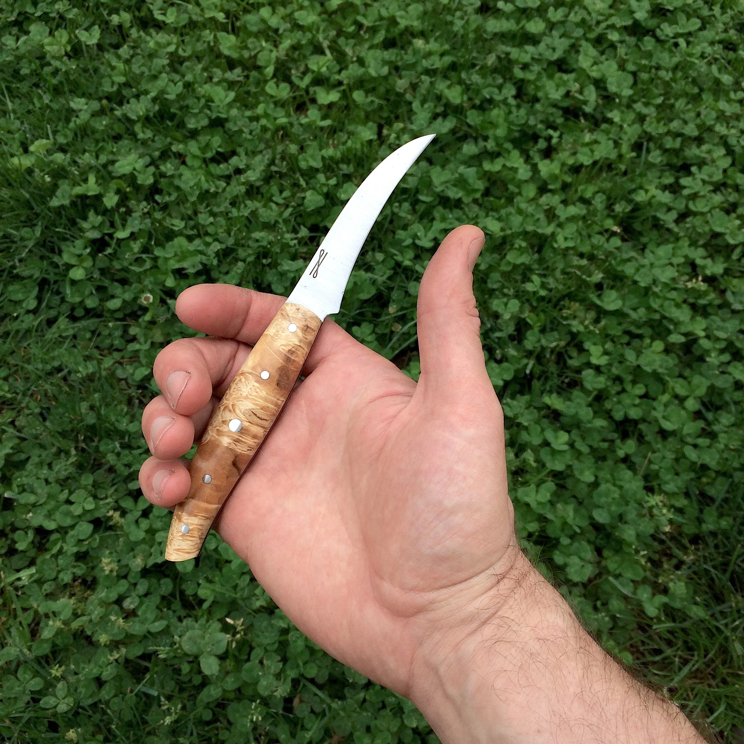 Turning (or tournier or tourne') knife. 52100 steel, stabilized Ambrosia Maple handle with stainless pins and black liners. 