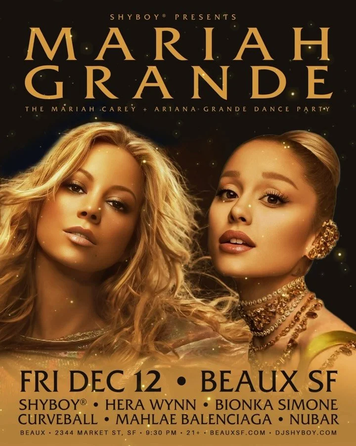 👑 MARIAH GRANDE comes to the SF this Fri 12/12 @beauxinthecastro 💝 The legendary Mariah Carey + Ariana Grande dance party 🎟️ $10 adv tix on mariahgrandesf.eventbrite.com ✨

👑 Sounds by @djshyboy 
👑 Performances by @herawynnsf @bionkasimone @quee