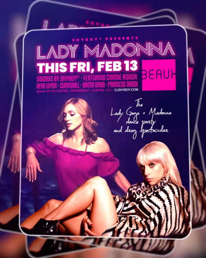 SF, get ready 💗🪩 LADY MADONNA makes its Bay Area debut @beauxinthecastro this Fri 2/13 ✨

🎧 Sounds by @djshyboy 
👠 Performances by @thecarnieasada @herawynnsf @queencurveball @brennbadd
🕺 Go-go magic by @ohtheyrethirsty
👑 Floor host: @marknubar