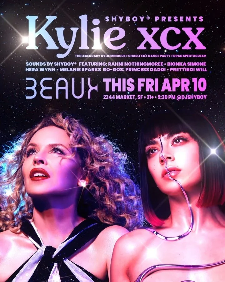 This Fri 4/10 🪩 ShyBoy presents KYLIE XCX @beauxinthecastro ✨ The legendary Kylie Minogue + Charli xcx dance party + drag spectacular 

🎧 Sounds by @djshyboy💃Drag show by @bionkasimone @herawynnsf @melaniesparksss @themissrahni 🕺 Dancers @princes