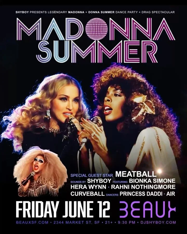 This Fri 6/12 in SF 🪩🏳️&zwj;🌈 MADONNA SUMMER @beauxnightclub w special guest star @spiciestmeatball ✨ The legendary @madonna + @officialdonnasummer dance party + drag spectacular returns to the Bay Area 

🎟️ madonnasummersf.eventbrite.com

⭐ Spec