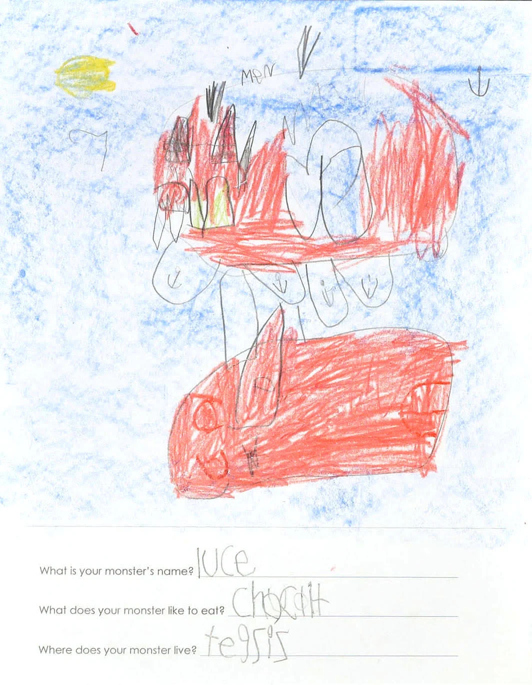 The monster that I was commissioned to draw. His name is Luce, he likes chocolate and is from Texas (“tegsis”)