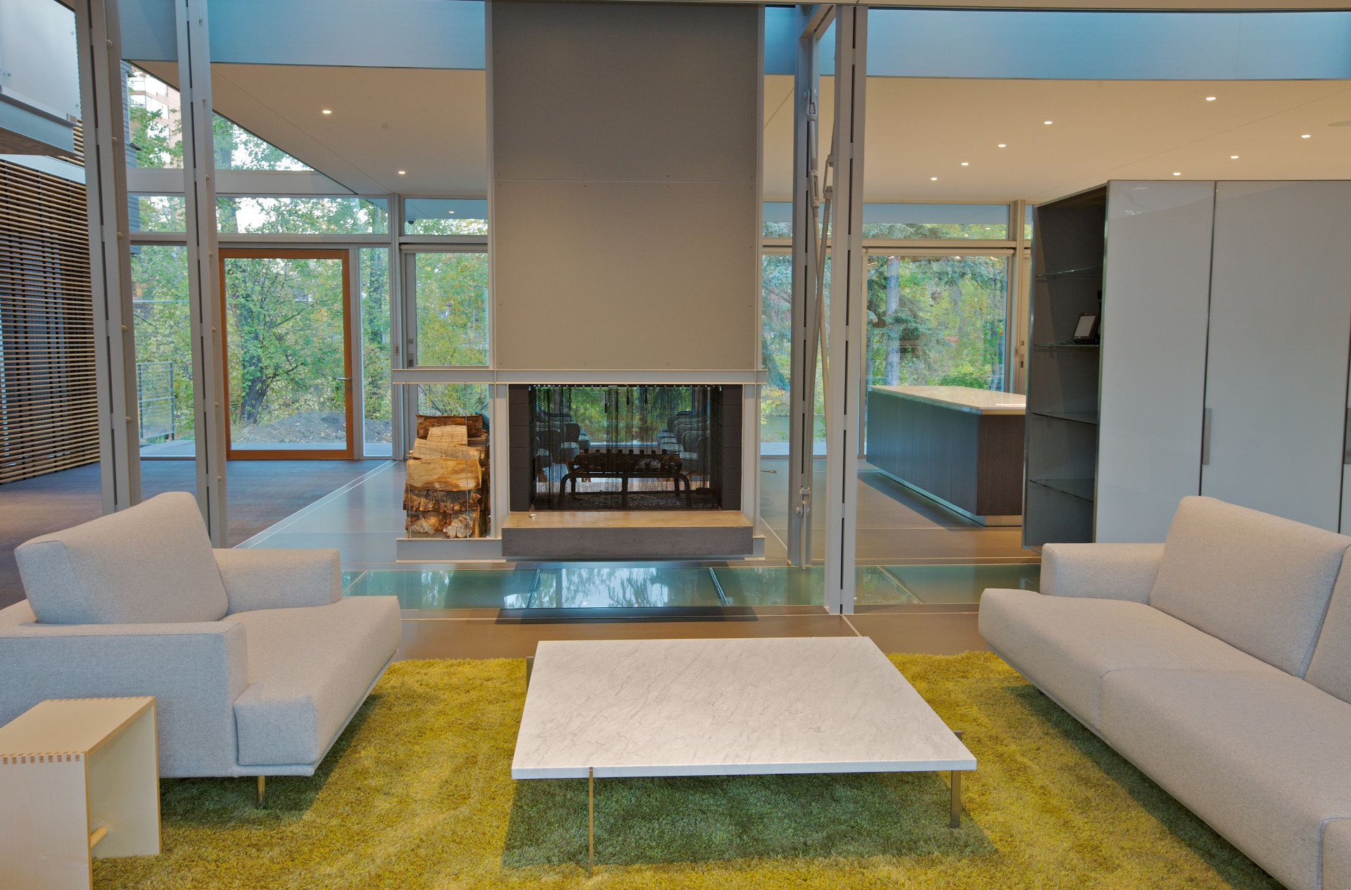 Custom glass floor, hinged door, aluminum details