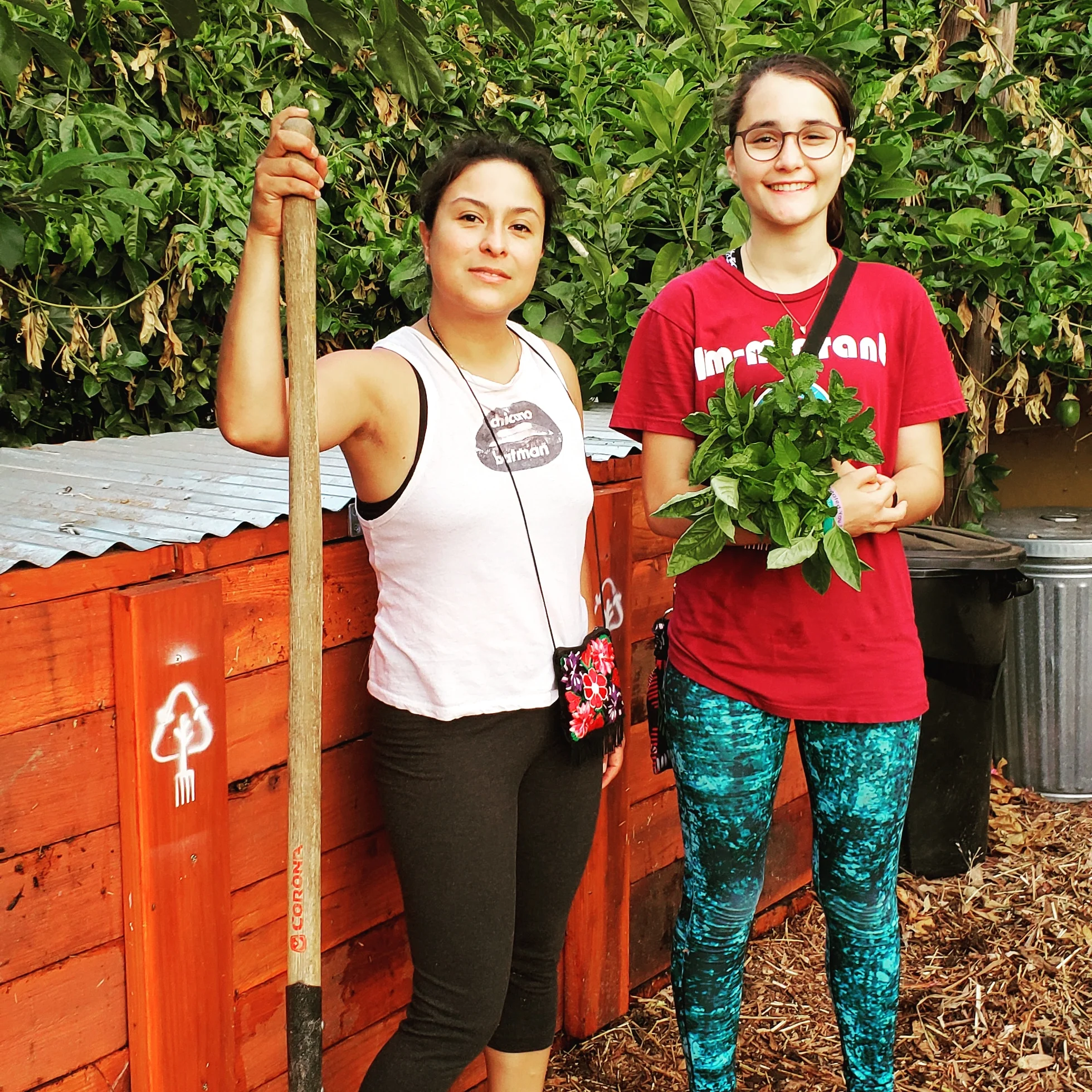 Vanedy Medina, PJLA Community Compost Maker, and Regina Ortiz, Echo Park Youth Volunteer, at the EP Community Compost Hub.