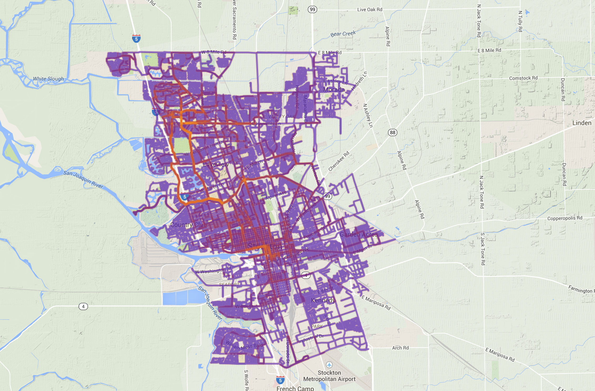 9/27/14-12/27/14 My map of riding every street in Stockton. Map courtesy of jonathanokeeffe.com/strava/map.php