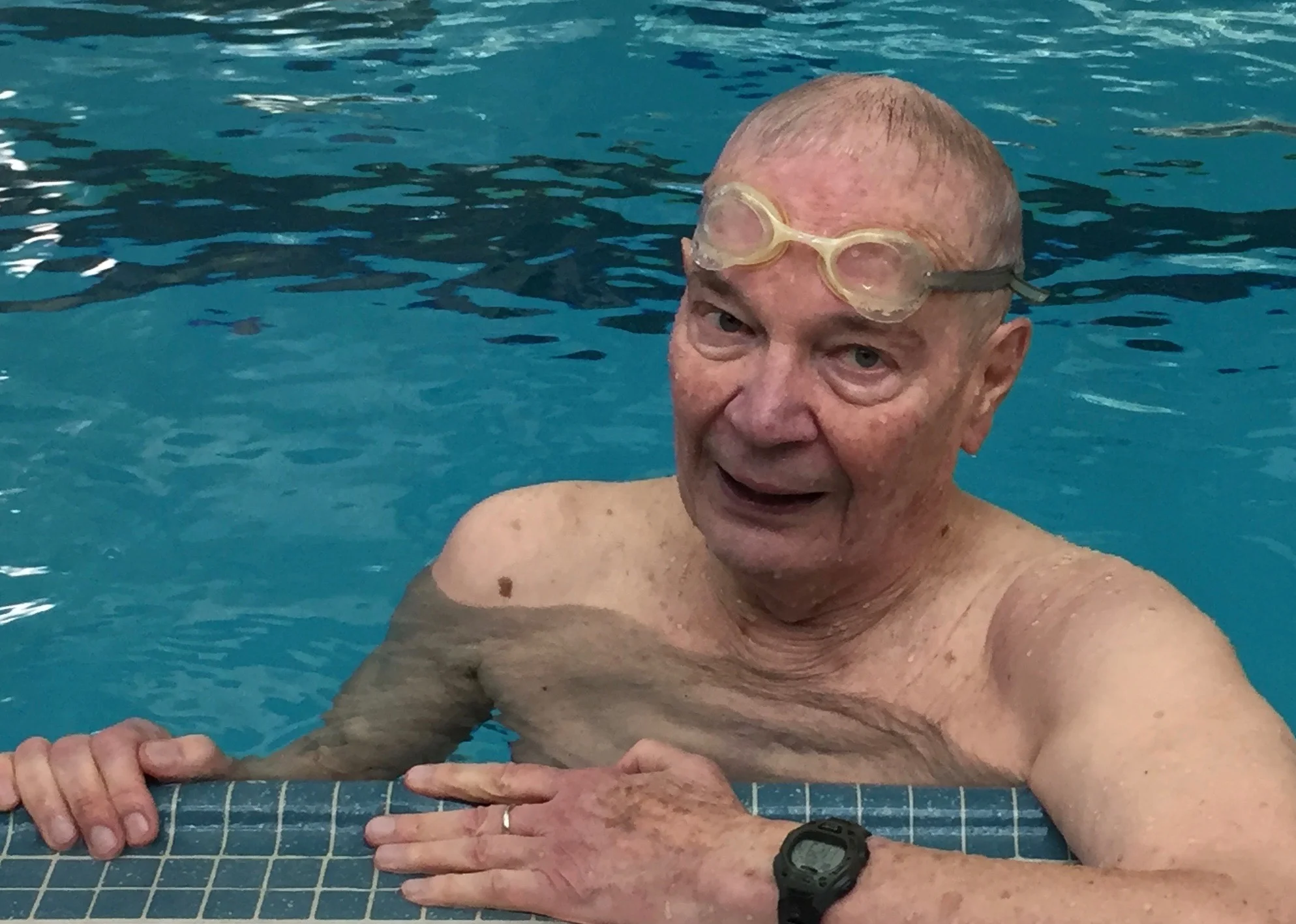 Arnold Meardon, the meet’s most senior swimmer, set two NELMSC records.