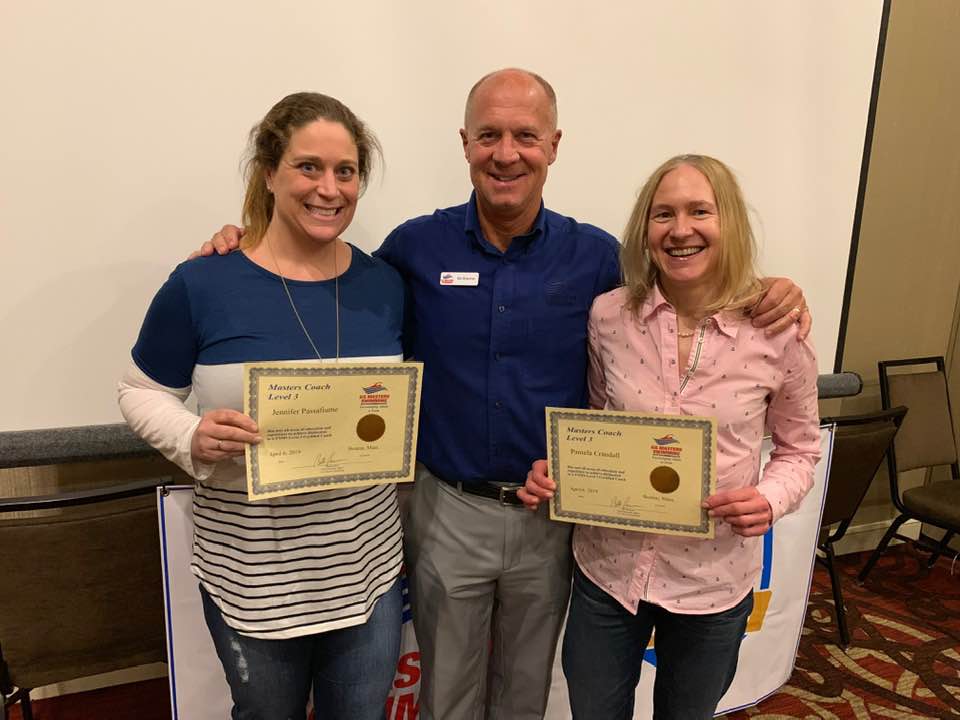 Newly minted Level 3 Masters Coaches Jennifer Passafiume and Pamela Crandall with USMS COO Bill Brenner