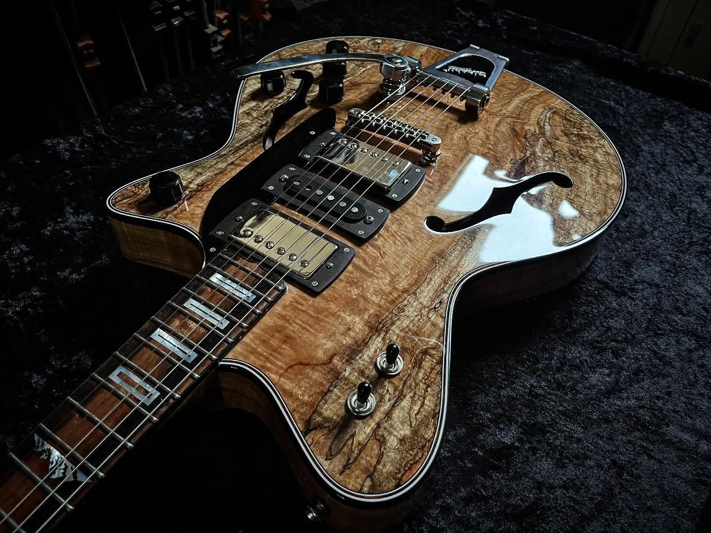 It&rsquo;s an ULTRAGLIDE for Jaan. This one is all about the wildly figured maple. The top, back, sides and neck are all made from the same tree, adjacent cuts. The tree was Portland local storm fall harvested and processed by my friend @davebarmon @