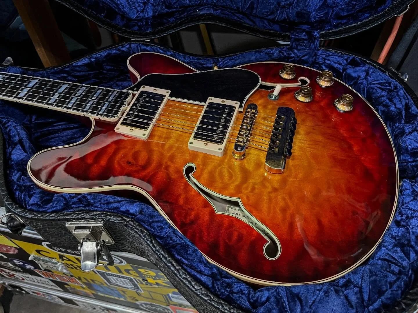 It&rsquo;s a rare one, my DL model inspired by a certain ES model. It features carved big leaf maple top and back, mahogany neck and ebony fingerboard. This one was built in 2004.