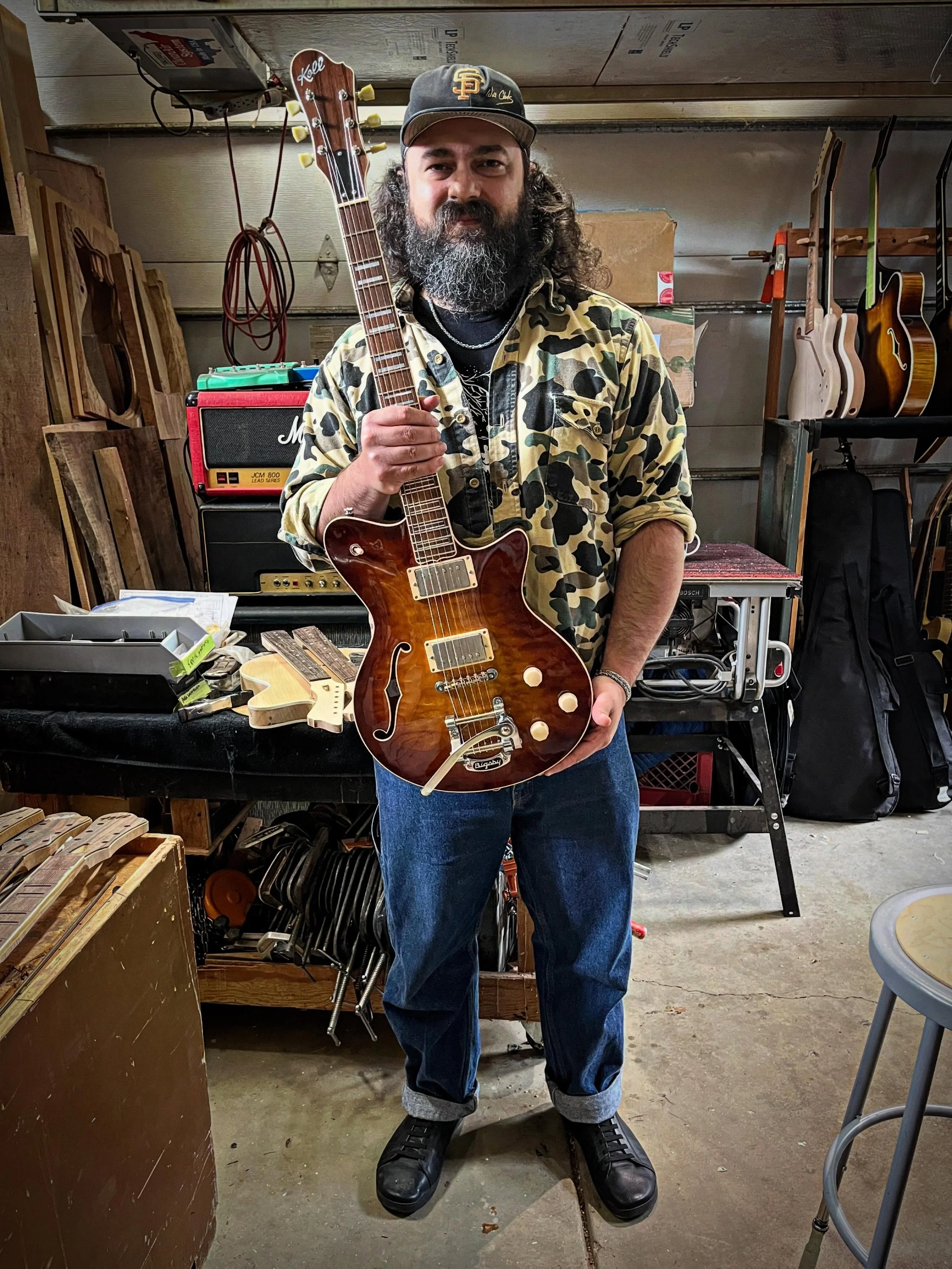 It&rsquo;s @alex_callenberger with his new Superglide Almighty. This one with big leaf maple top finished in a bourbon burst, mahogany neck and body, Brazilian rosewood fingerboard with our pearloid &ldquo;euro&rdquo; markers, @jescarmusic frets, @bi