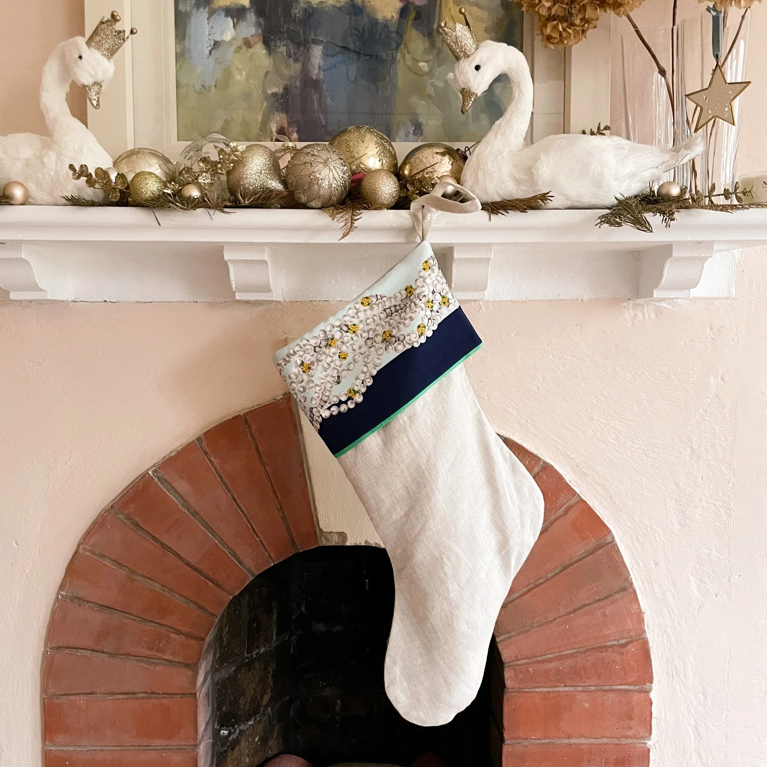 Irish Linen & Vintage Cartier Silk Trim Santa Stocking