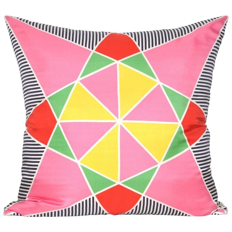 Katie Larmour Linen, Vintage Lanvin Silk Scarf backed in Pure Irish Linen, Belfast Antique Dealer, Couture Cushions Pillows Interior Decor, Northern Ireland, sustainability, geometric pink red.jpg