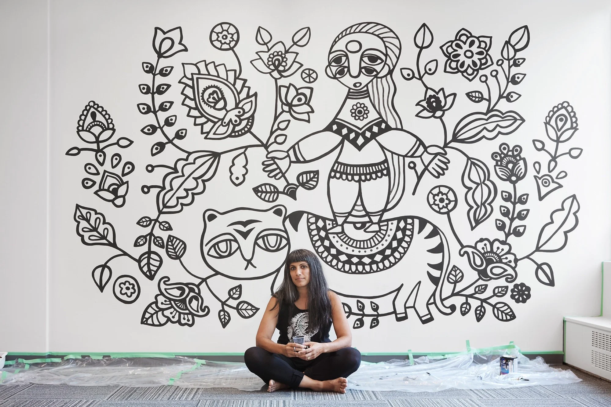 Lady On Tiger (8' x 10') This mural was created through the Thrive Art Studio Mural Residency Program, Vancouver, 2017 Located at The Profile Co-Working Business Club, 535 Thurlow Street Photo credit: Laara Cerman