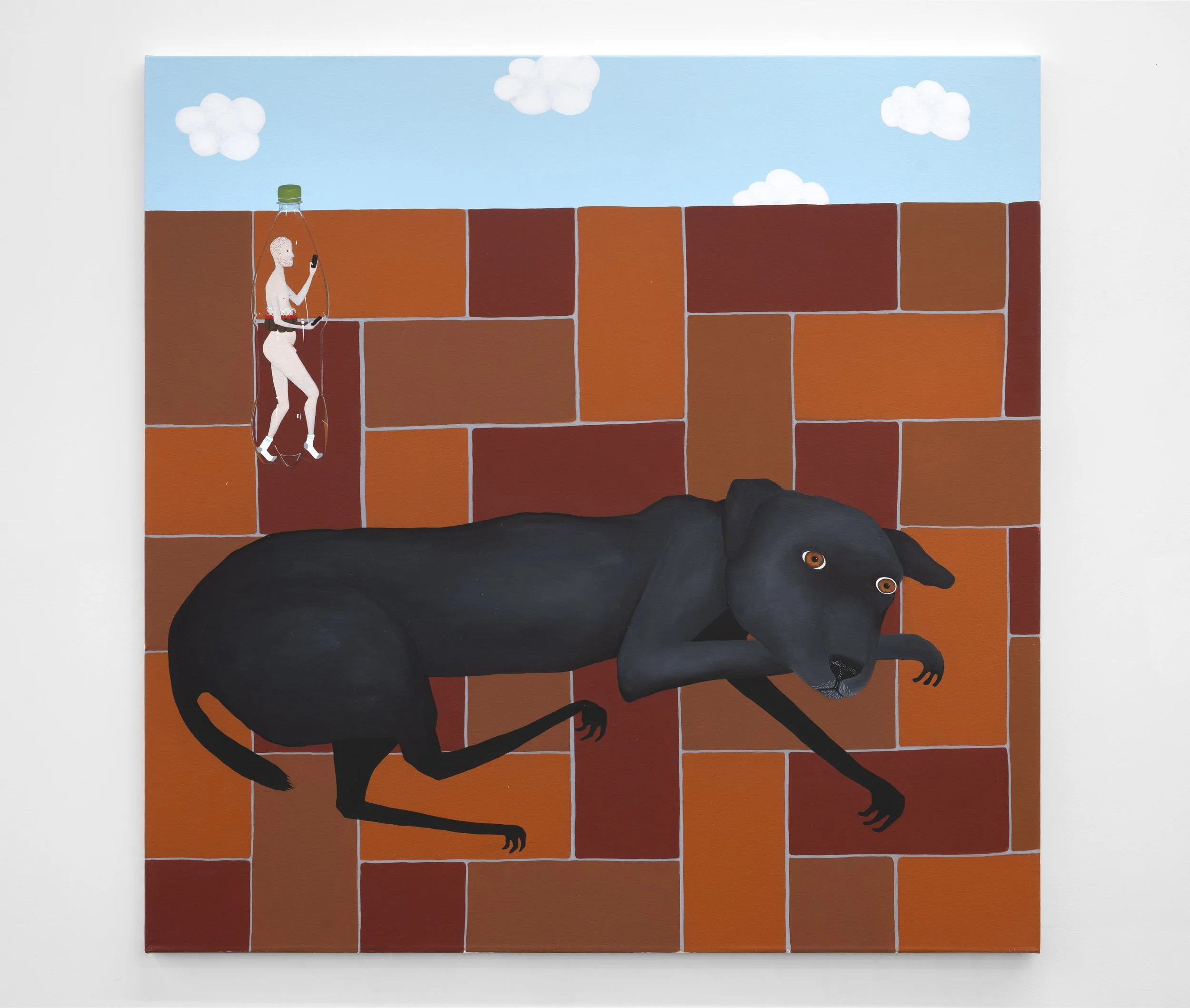 Black dog on a tiled floor, man in a plastic bottle, 2025