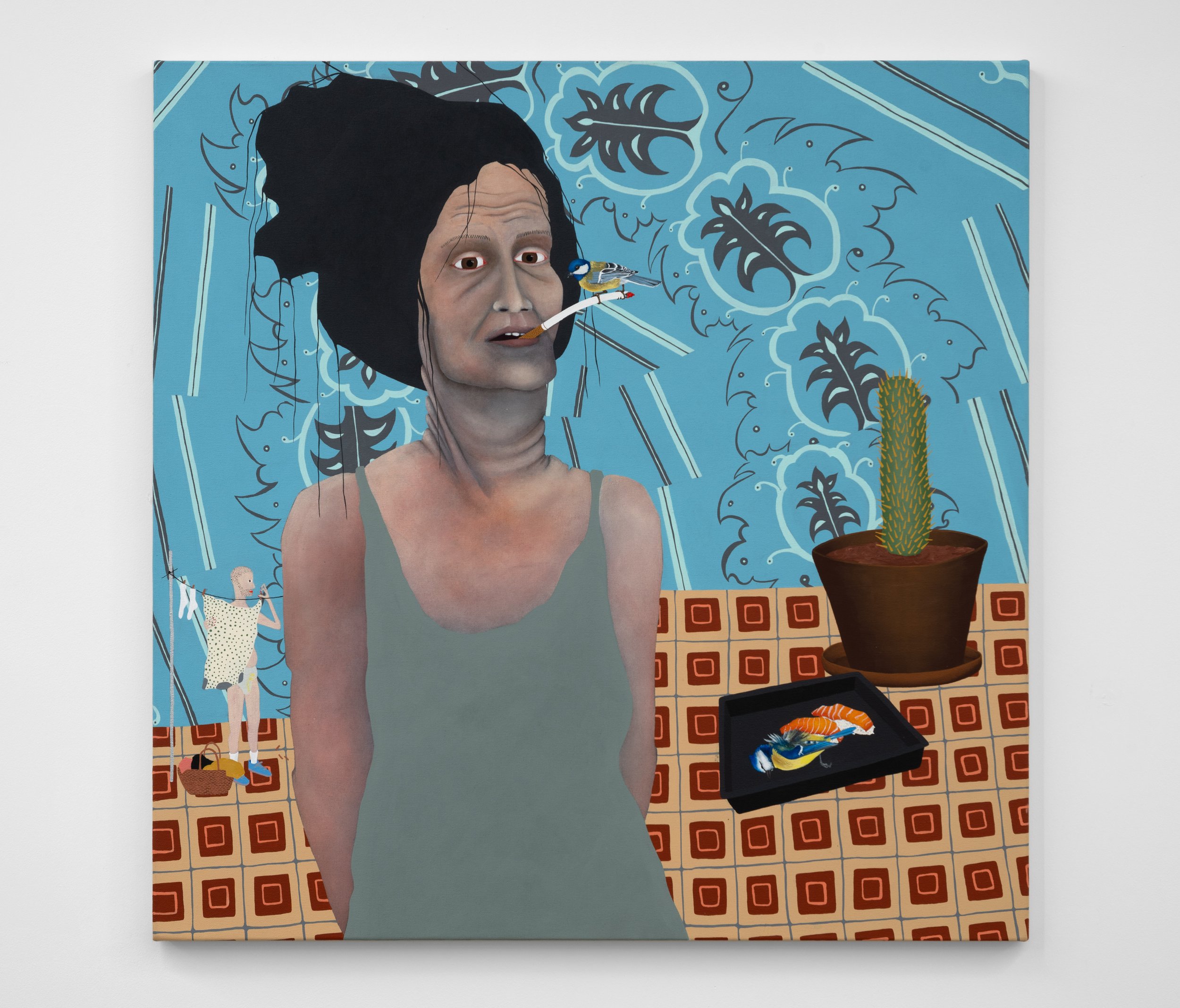 Woman smokes after repotting a cactus in a Paris Apartment, 2022