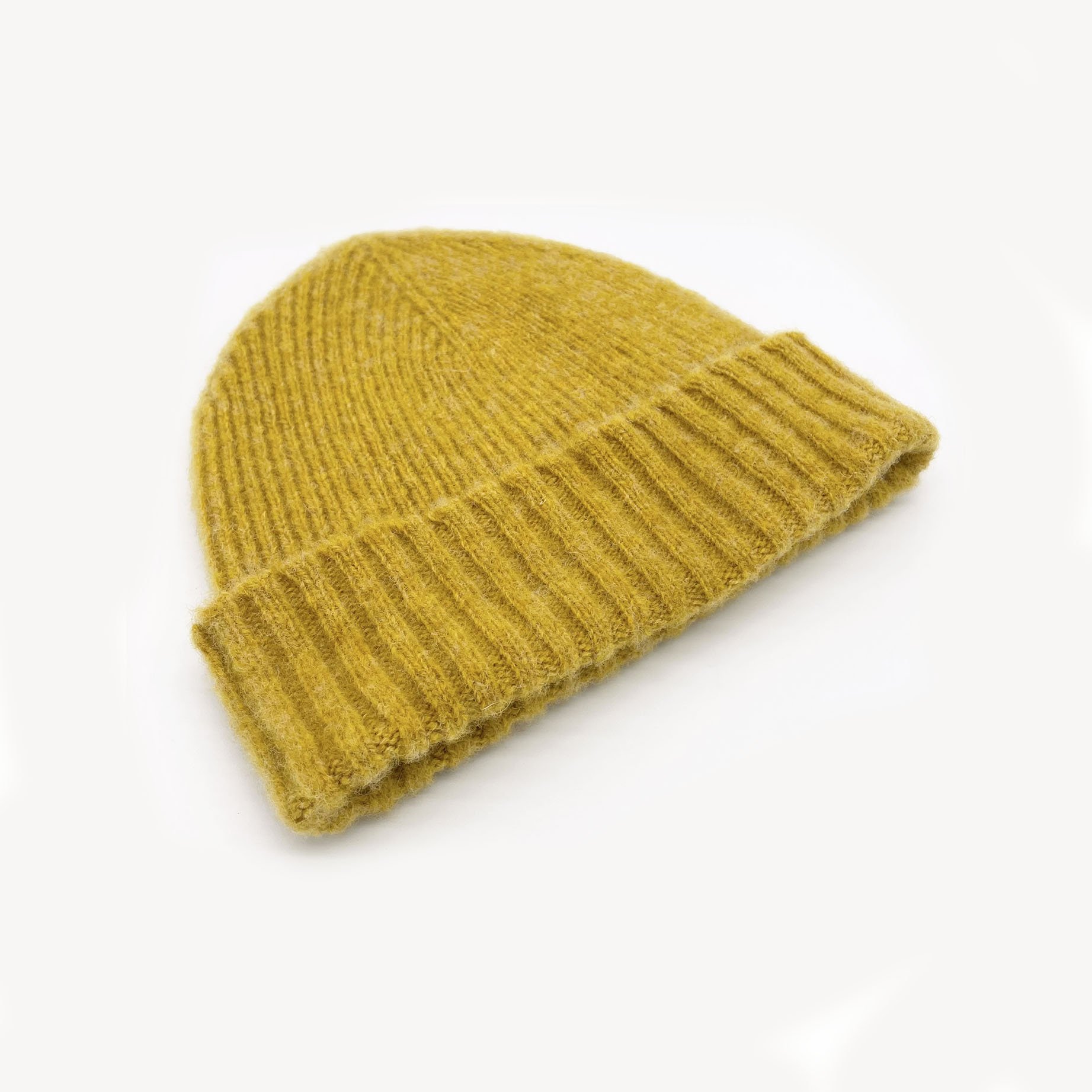 An image of Bosie Brushed Shetland Wool Beanie Hat - Nugget Yellow