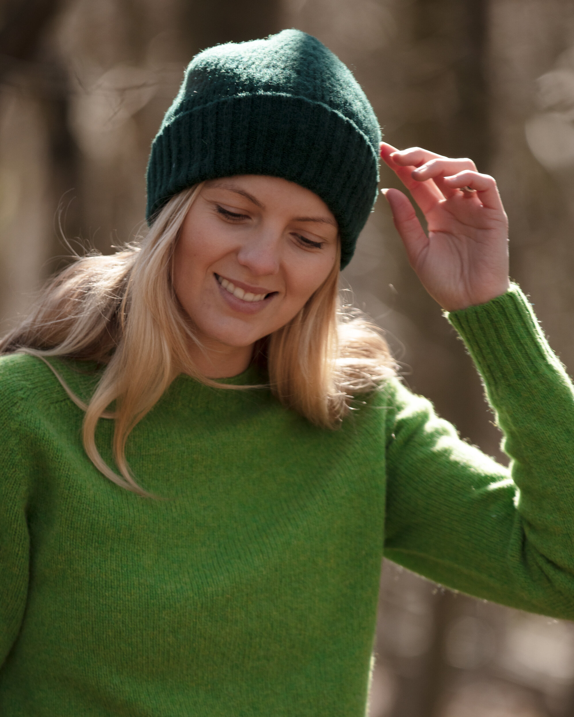 An image of Bosie Brushed Shetland Wool Beanie Hat - Forest Green