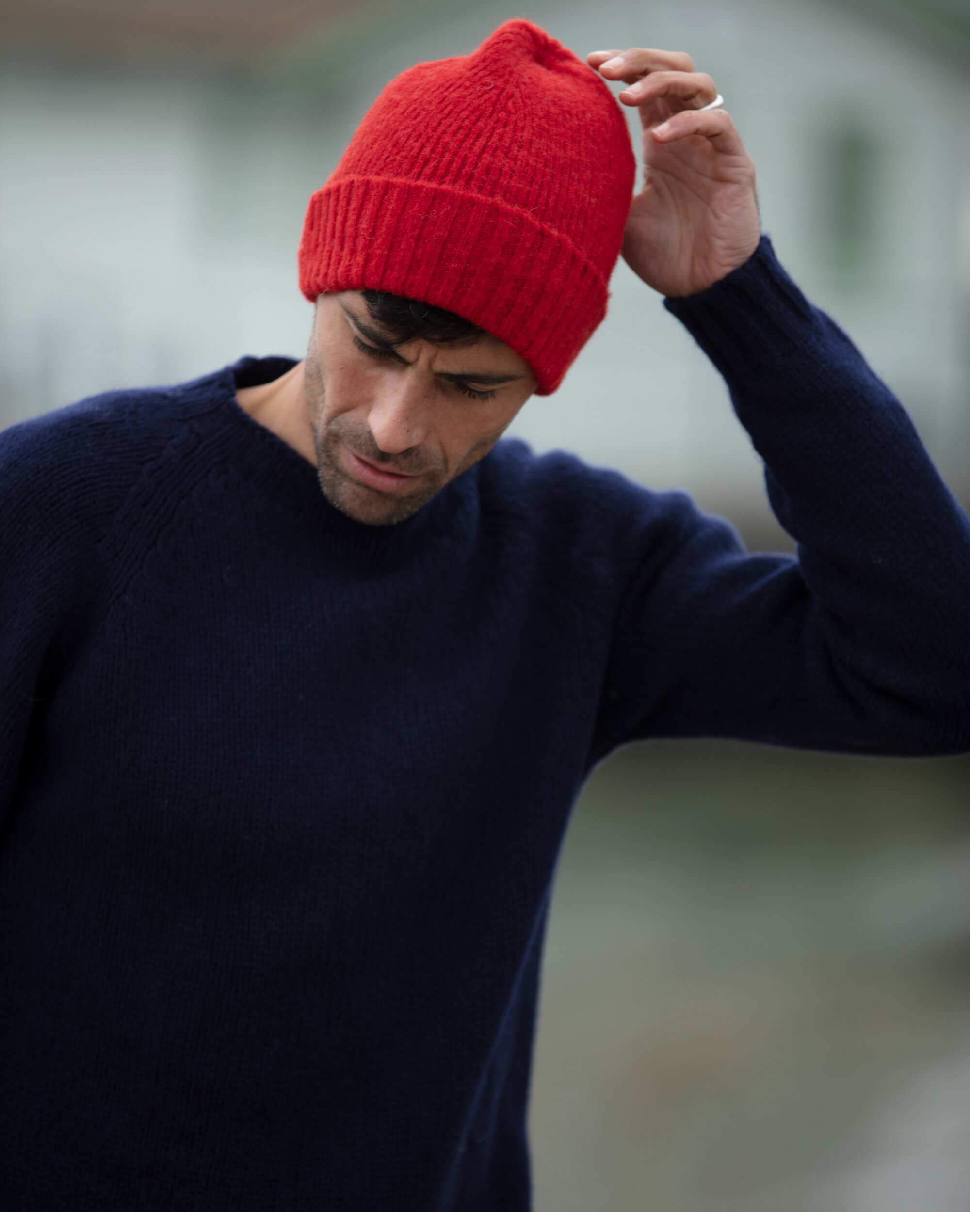 An image of Bosie Brushed Shetland Wool Beanie Hat - French Red