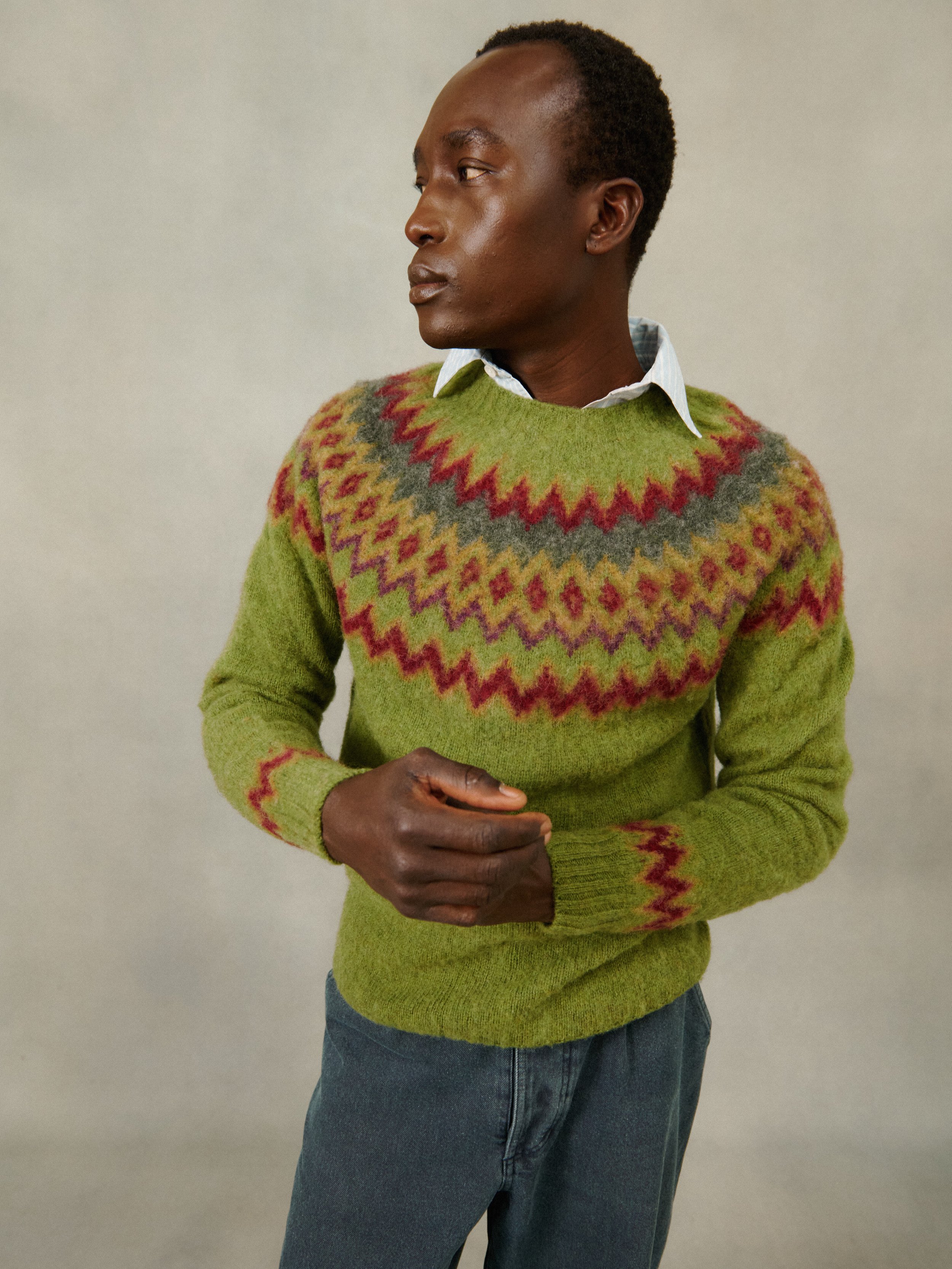 An image of Glacier Yoke Brushed Fair Isle Men's Sweater - Olive Grove - Small