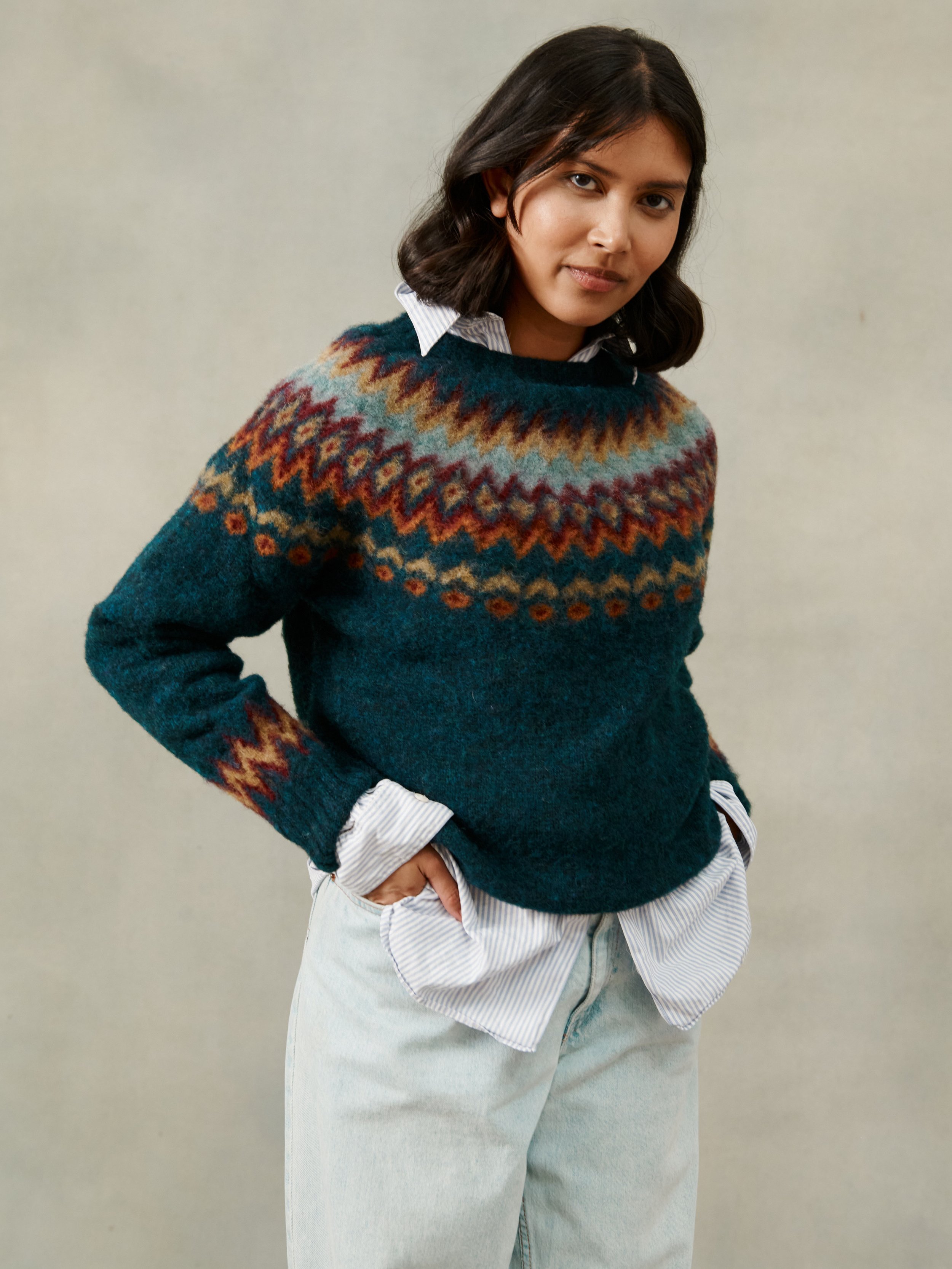 An image of Fjord Yoke Brushed Fair Isle Women's Sweater - Petrel Darkest Teal - XL