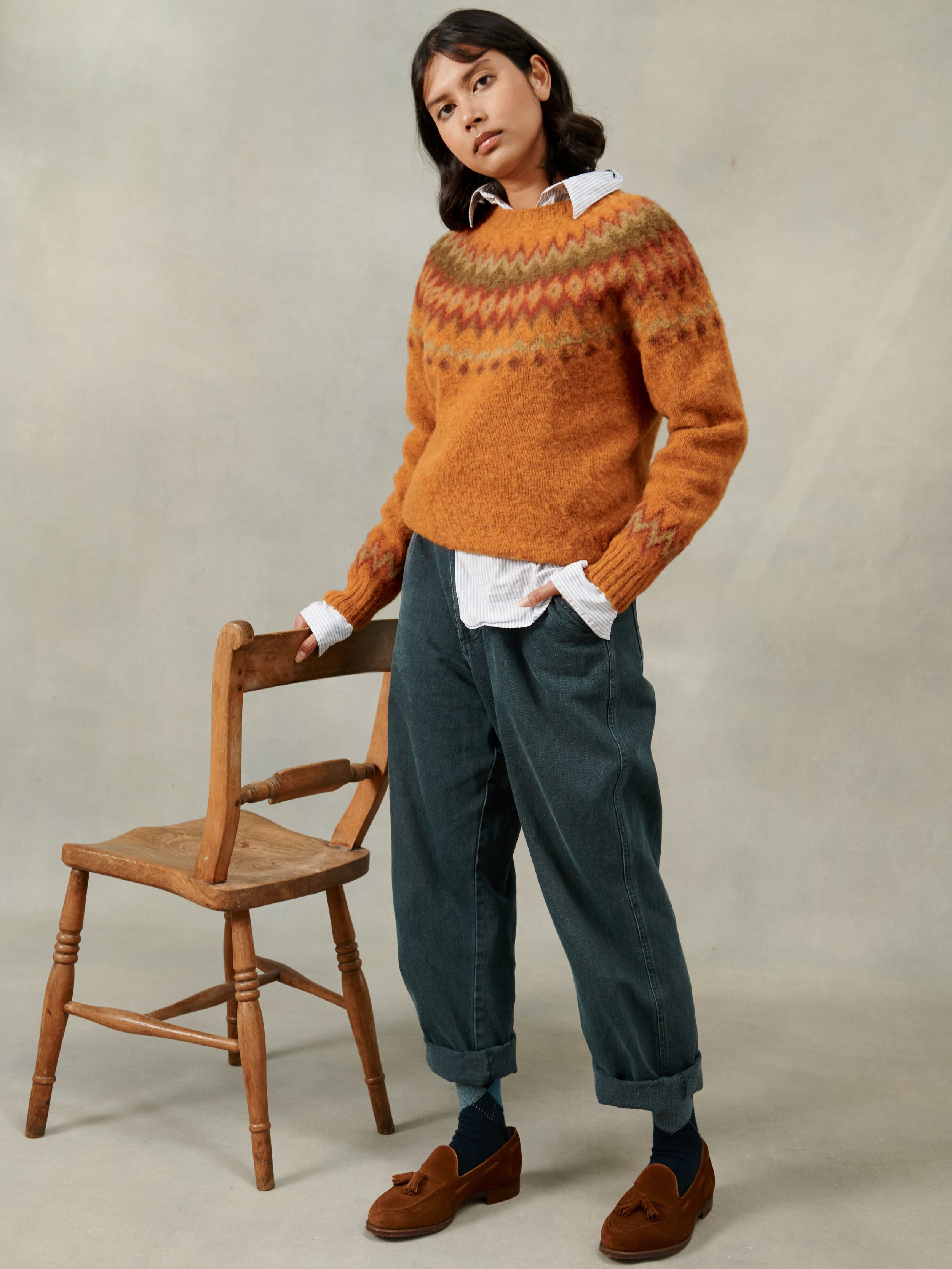 An image of Fjord Yoke Brushed Fair Isle Women's Sweater - Vintage Orange - XL