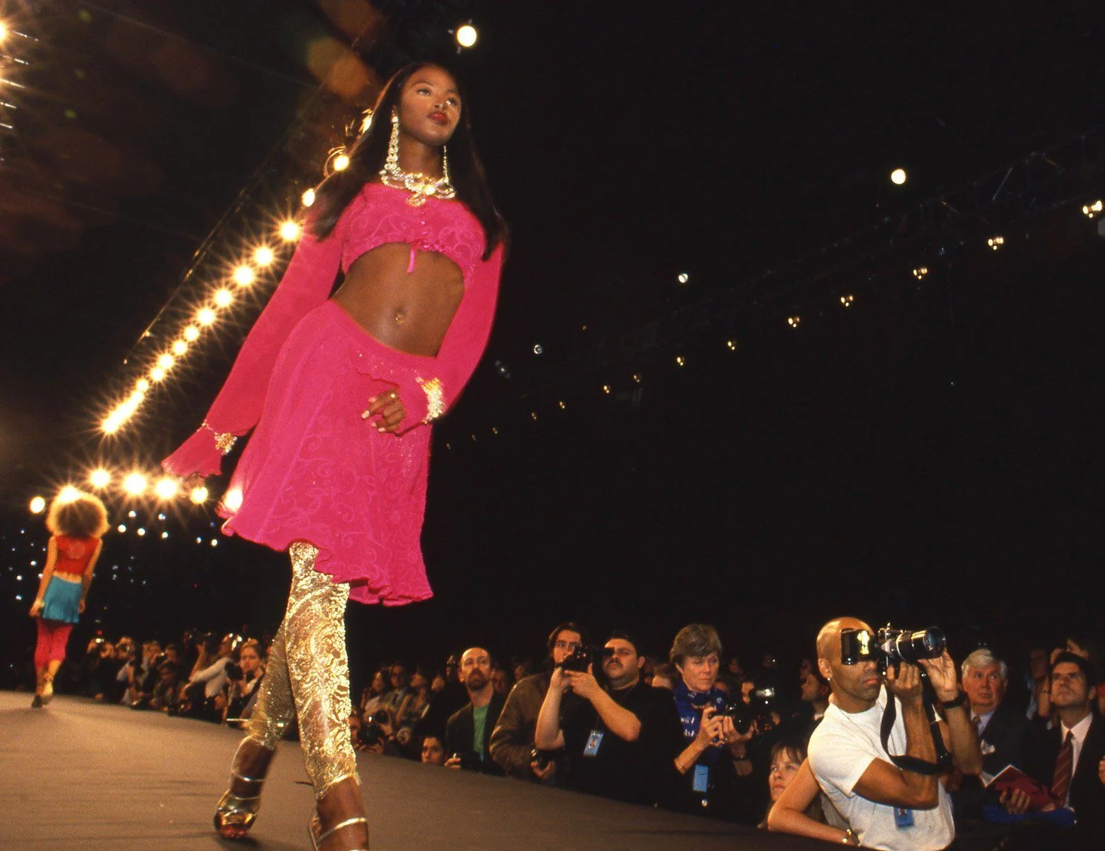 Naomi Campbell on the runway at a Ghost fashion show in 1995