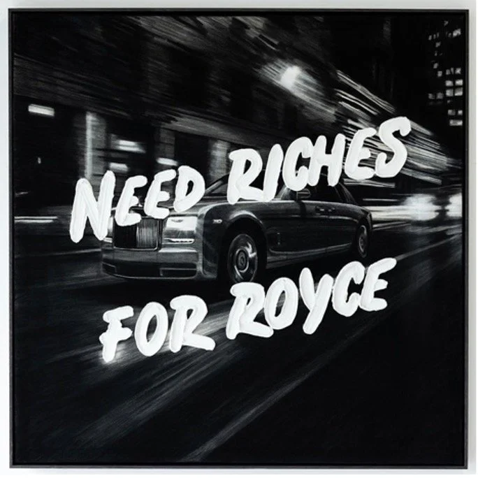 NEED RICHES FOR ROYCE, 2024, 143 x 143 cm, Charcoal and Acrylic Gel on Canvas