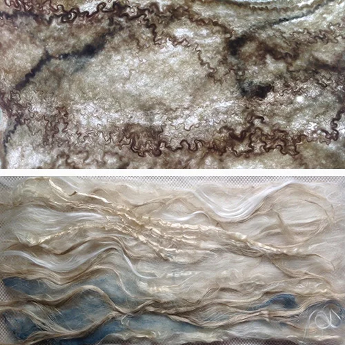 Bottom: Laying out plant fibers with wool to be felted as one. Top: As the wool fibers shrink the plant fibers gather in impressive textures.