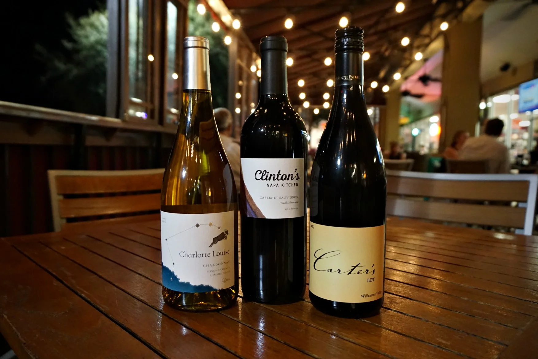 Our own private label wines, named for members of Chan's beloved family: Charlotte Louise Chardonnay (left), Clinton's Napa Kitchen Cabernet Sauvignon (middle), Carter's Lot Pinot Noir (right).