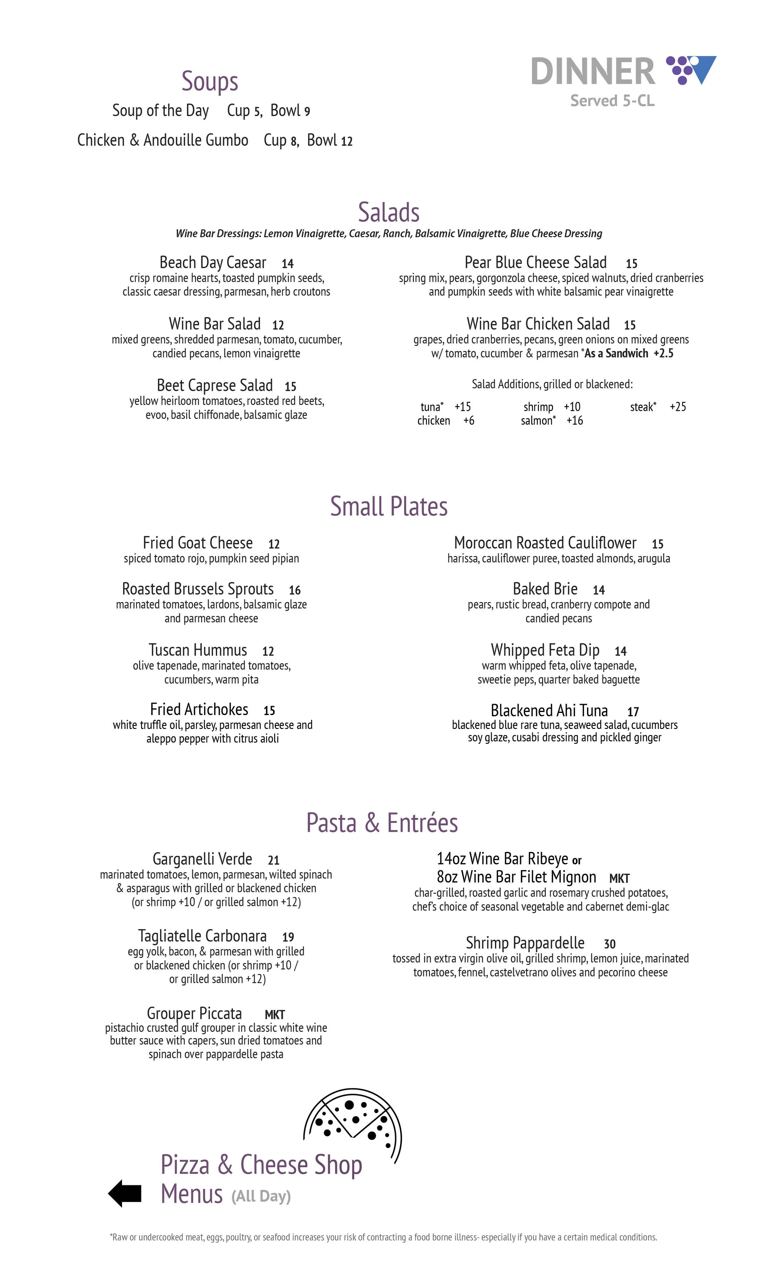 The Wine Bar Pensacola Bayou Boulevard Dinner Menu - Soups salads small plates, seafood, fresh Pasta Steaks and Entrees