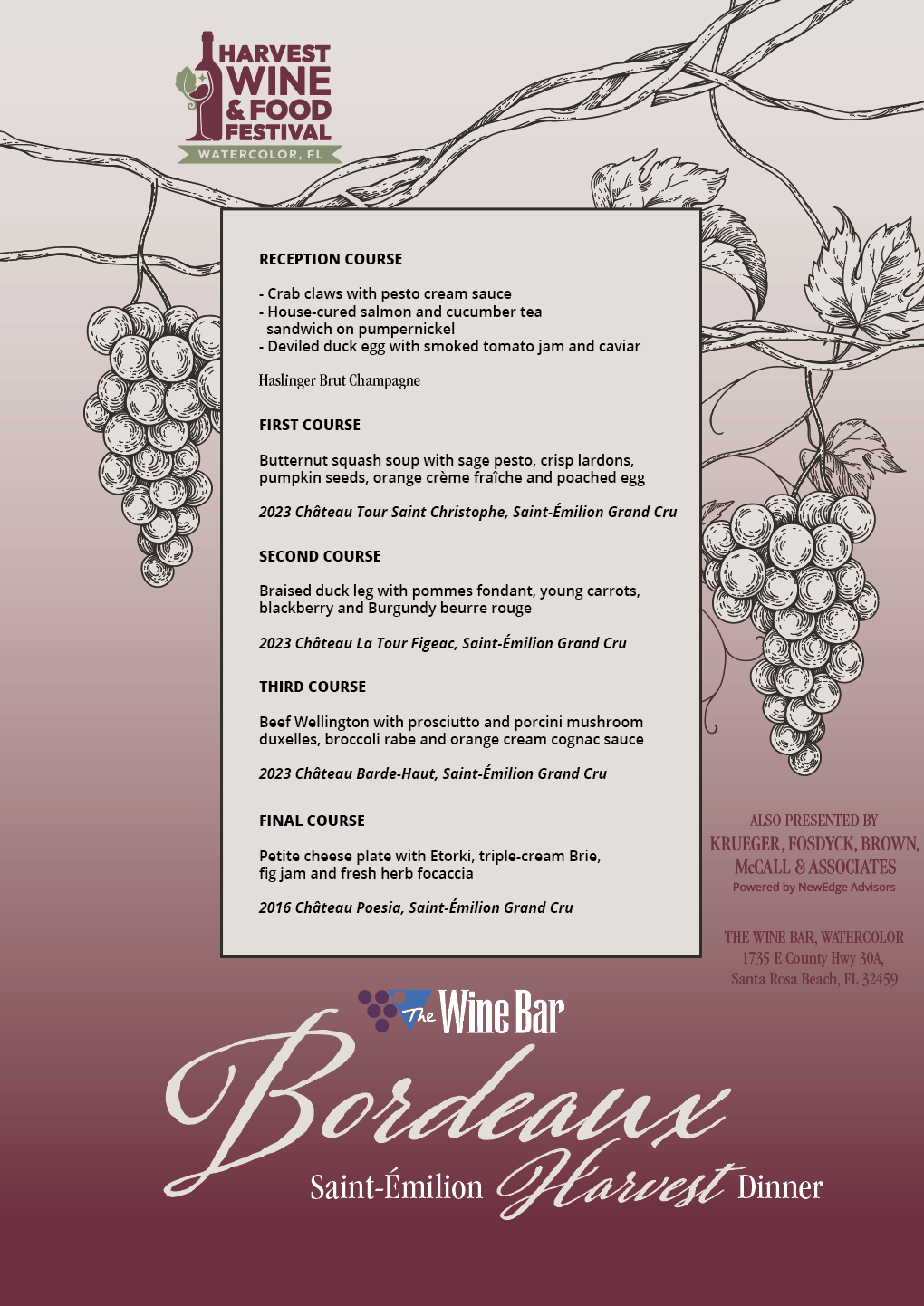 Wine Dinner Menu - Harvest Wine and Food Fest 2026 Watercolor The Wine Bar