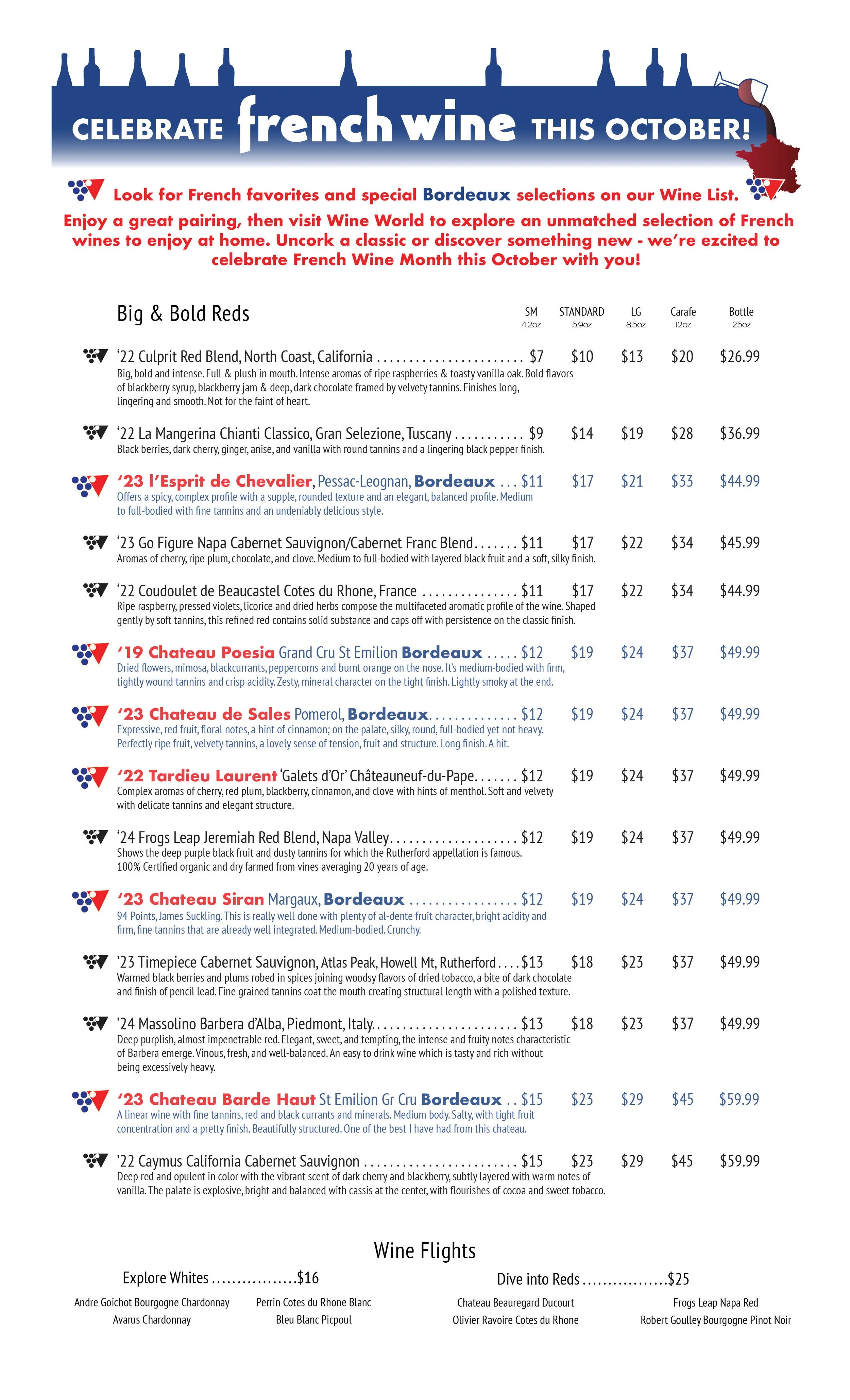 The Wine Bar's Wine List is Famous! Awarded the honor of "Best Wine List" over a dozen times, this selection has something for everyone - Including rare luxury treats that have been carefully selected