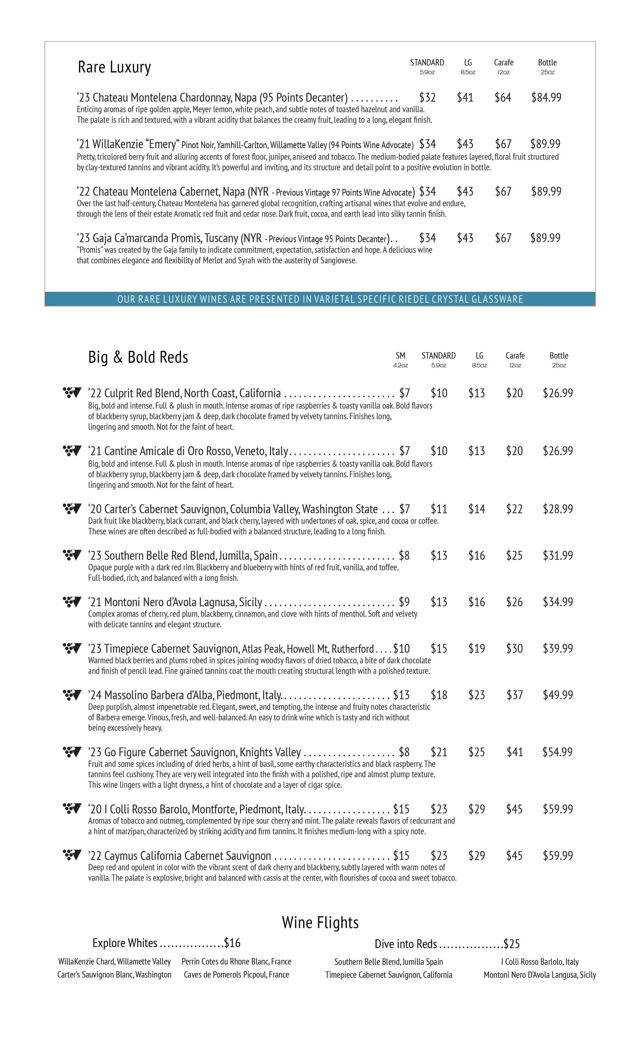 The Wine Bar's Wine List is Famous! Awarded the honor of "Best Wine List" over a dozen times, this selection has something for everyone - Including rare luxury treats that have been carefully selected