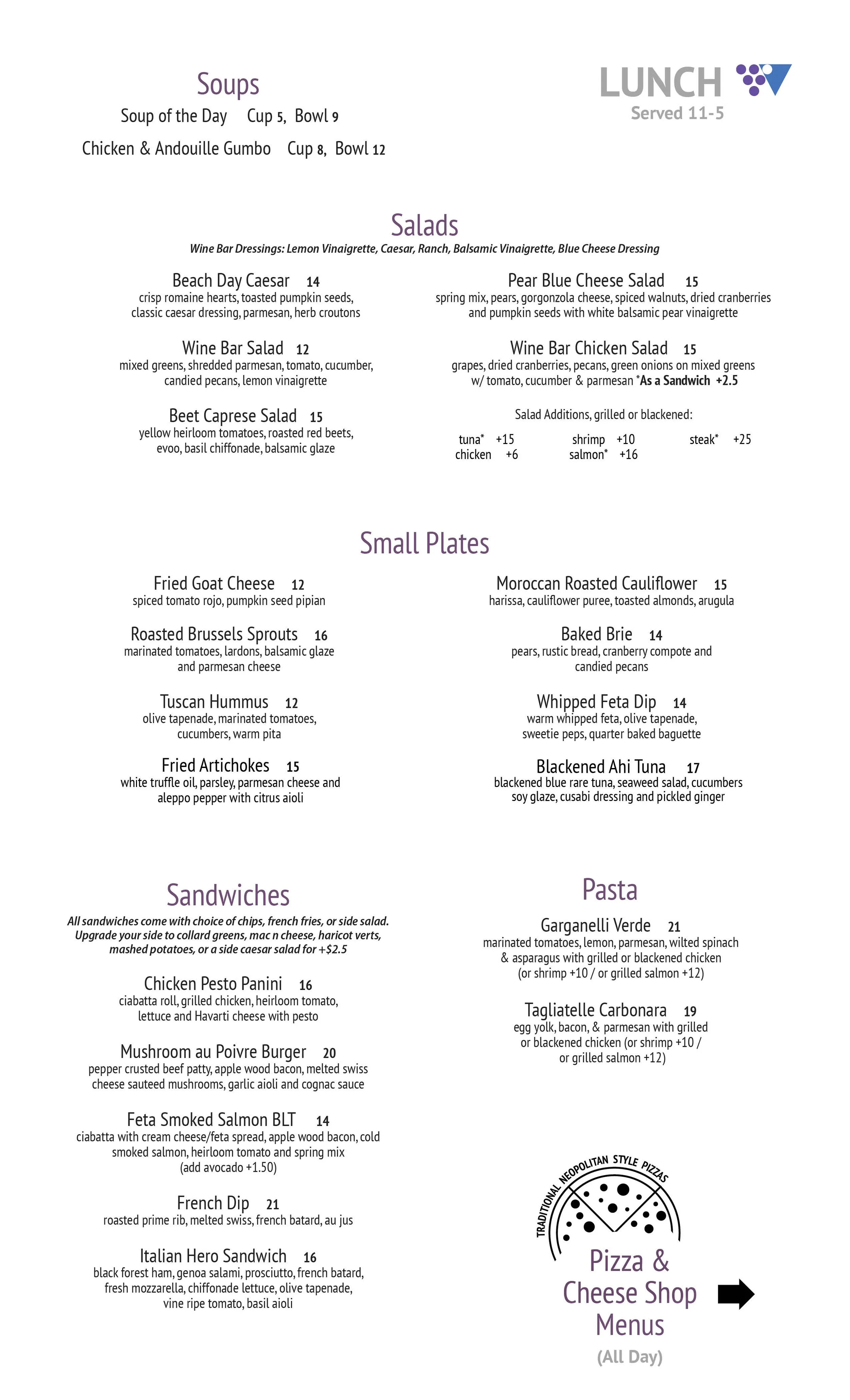 The Wine Bar Pensacola's Lunch Menu - Soups Salads Small Plates, Sandwiches, Hand Made Fresh Pasta