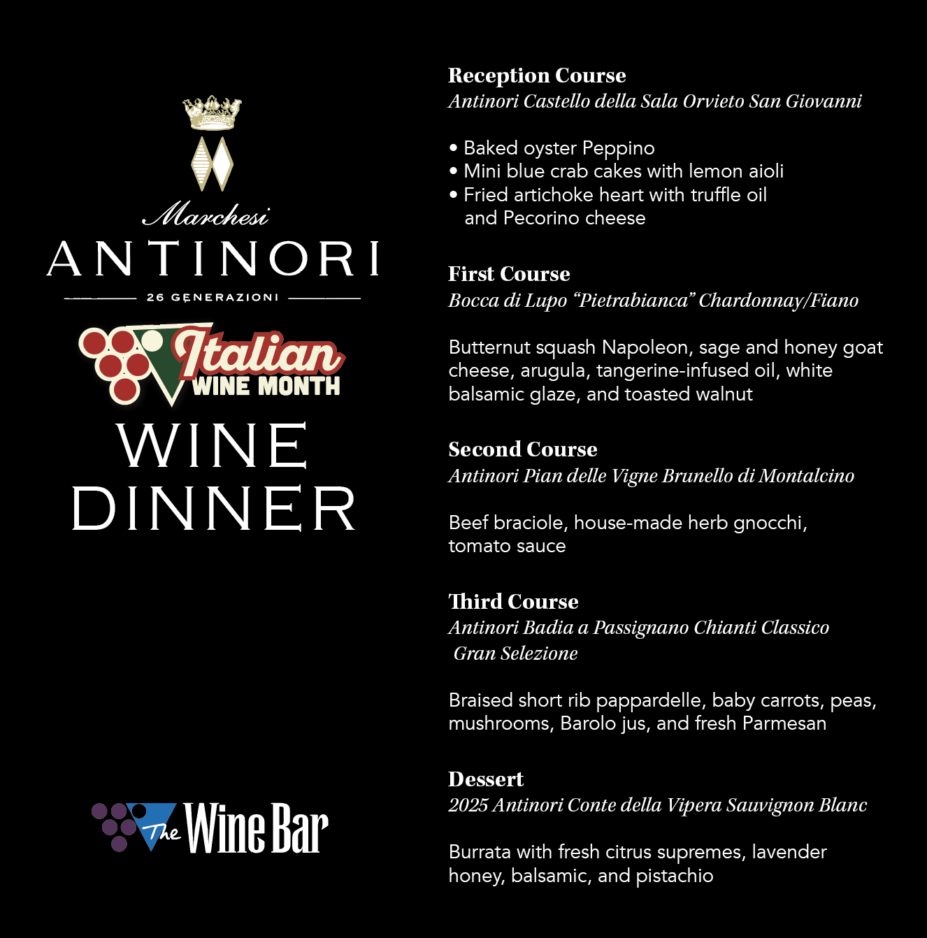 Wine Dinner Menu - Antinori - Grand Boulevard Wine & Food Event hosted at The Wine Bar