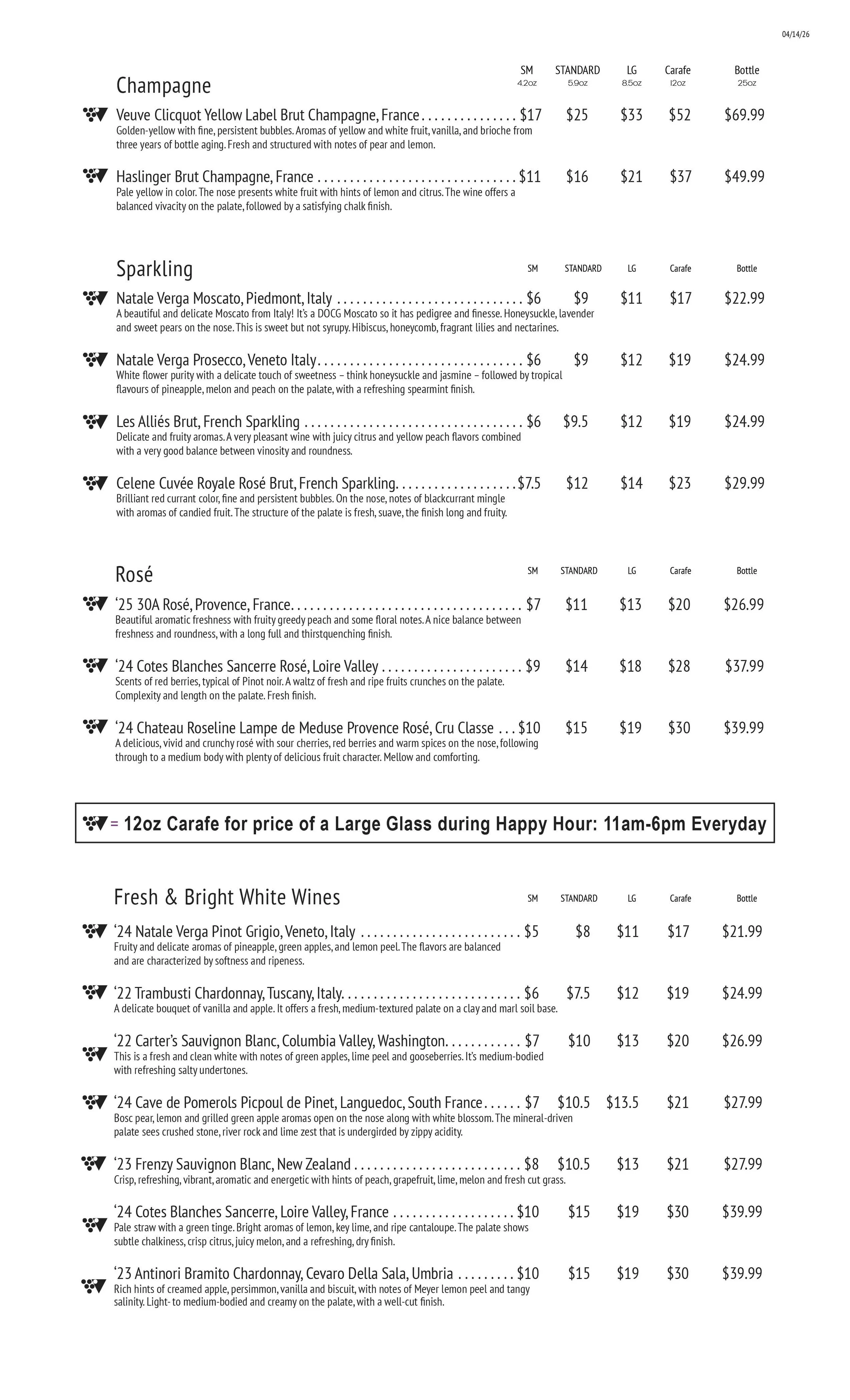 The Wine Bar's Award Winning Wine List - small glasses to happy hour carafes and bottles at better prices than any other restaurant can offer. Champagne, Sparkling, Rose, and Fresh and Bright White Wines