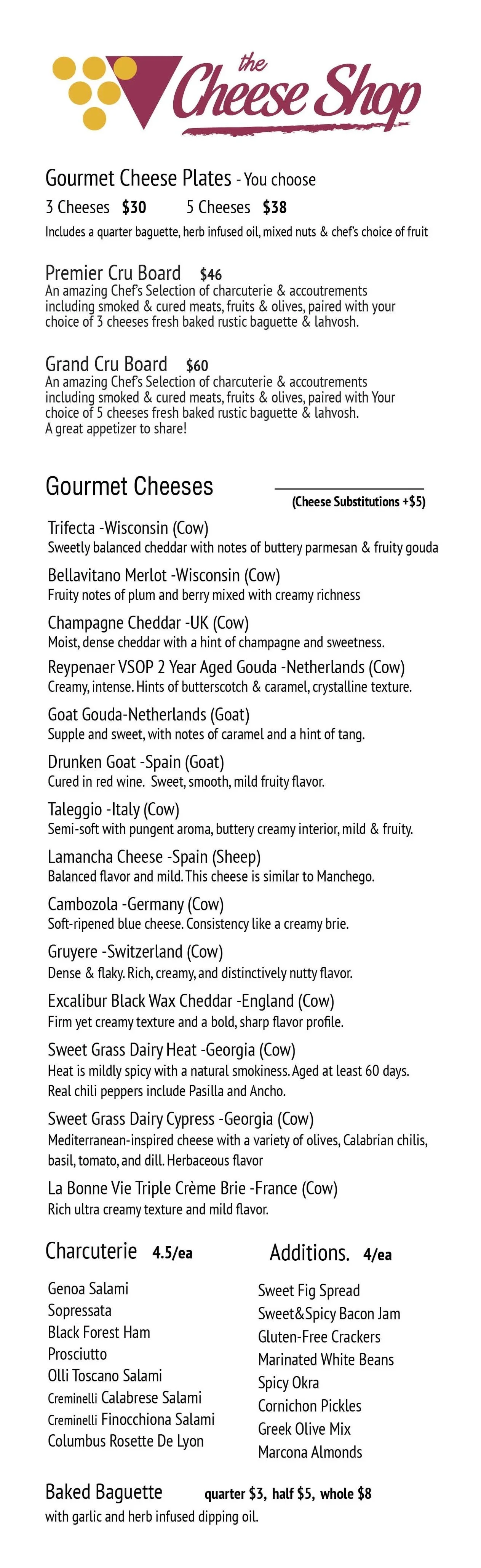 Cheese Shop Menu for Grand Boulevard Sandestin The Wine Bar