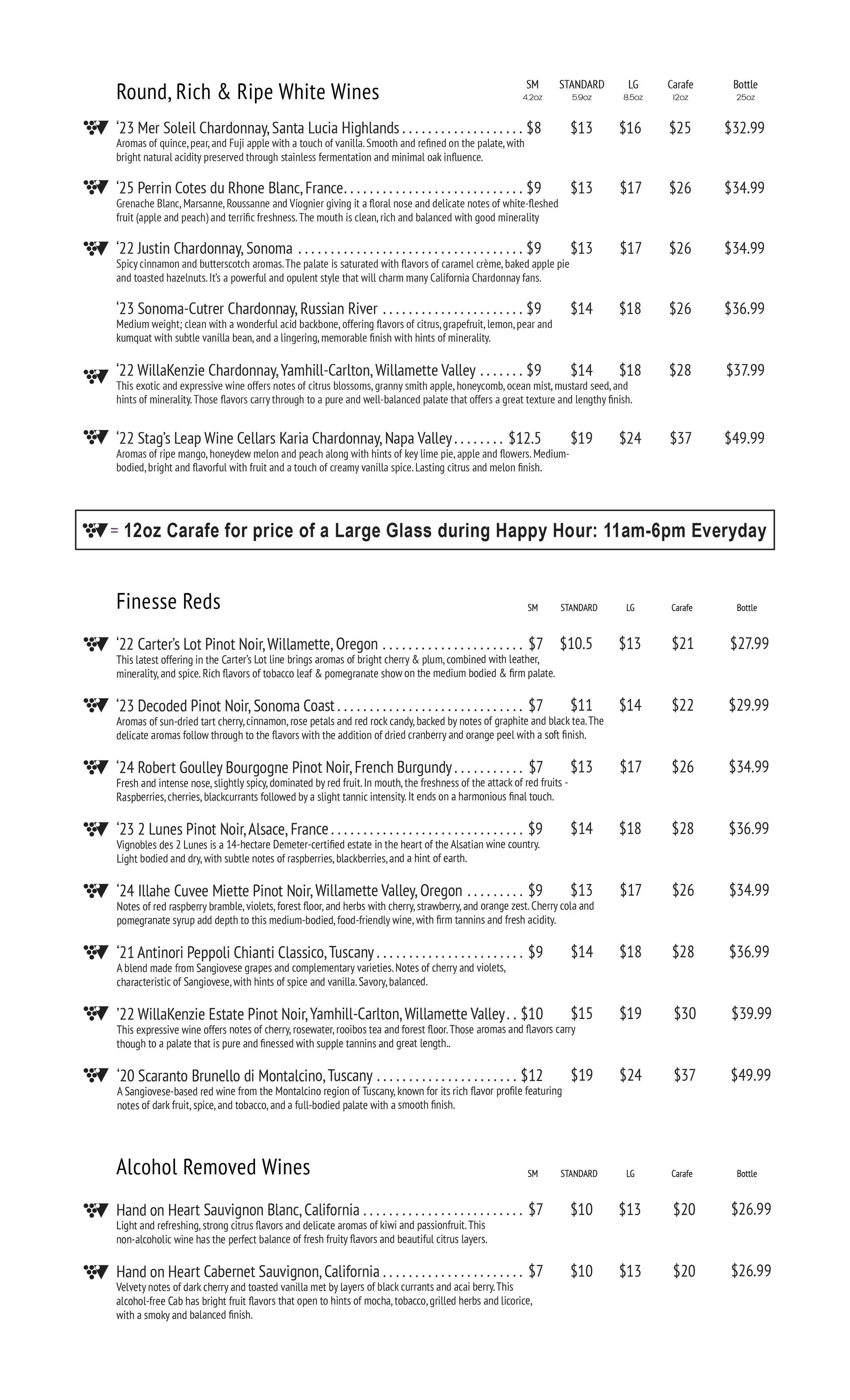 The Emerald Coast's Most Awarded Wine List - small glasses to carafes and bottles at better prices than any other restaurant. Round rich ripe white wines and reds with finesse, alcohol removed wines