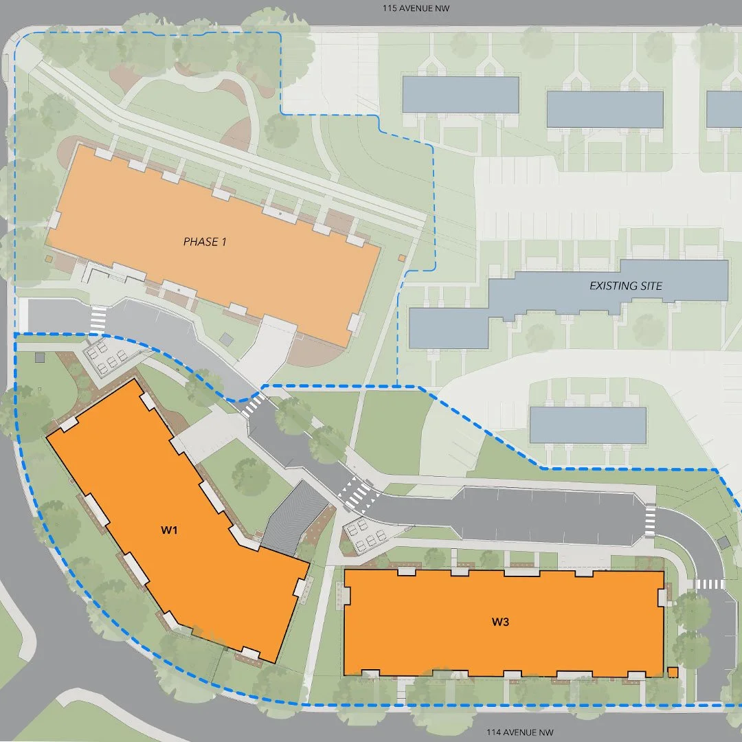 This second phase joins along the SW border of the Brentwood site in Edmonton: one building with 77 units and the other with 83 units, for a combined total of 160 additional units. The two new buildings are designed with 2 and 3-bedroom options, supp