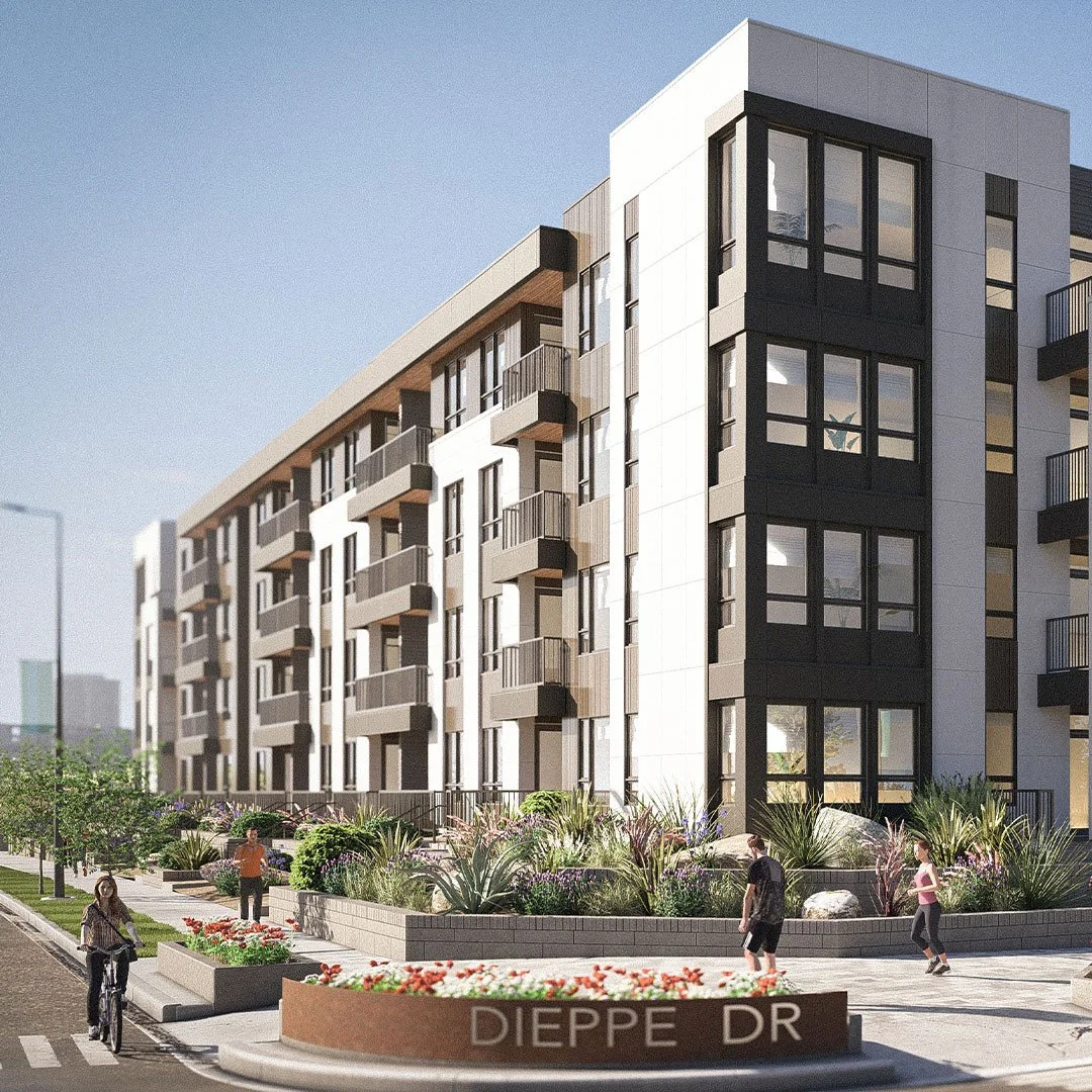 The Currie Multi is a four-storey courtyard building with 159 rental units centrally located in the community. Originally the site of Canadian Forces Base Calgary, Currie has evolved into a vibrant neighbourhood that blends modern homes with restored