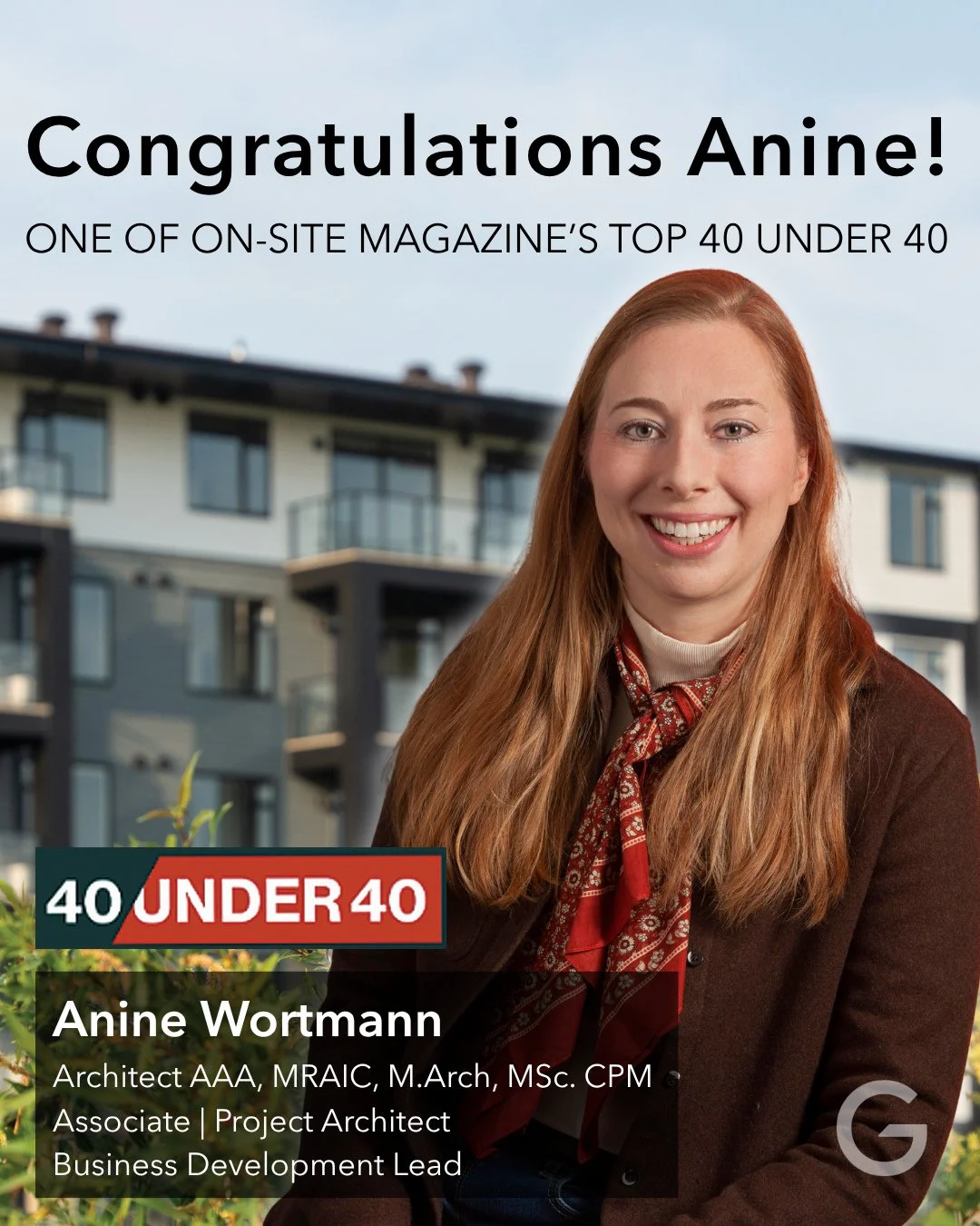 A huge round of applause to our own Anine Wortmann for being recognized as one of On-Site Magazine&rsquo;s top 40 Under 40 in Canadian Construction!⁠
⁠
Beyond her role as an Associate and BD Lead at Gravity, Anine is a true champion of the industry. 