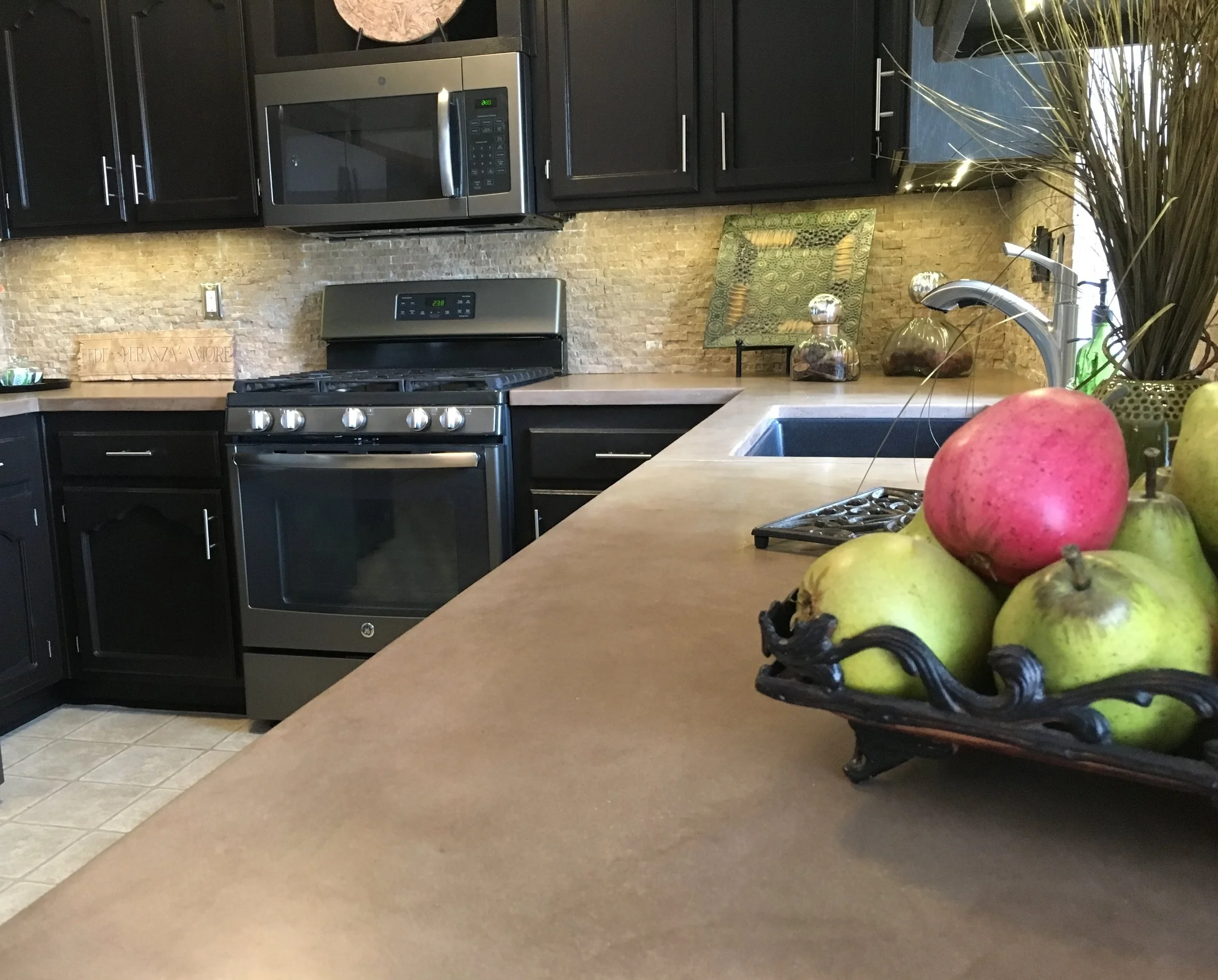 Sahara sand concrete kitchen countertops with granite undermount sink