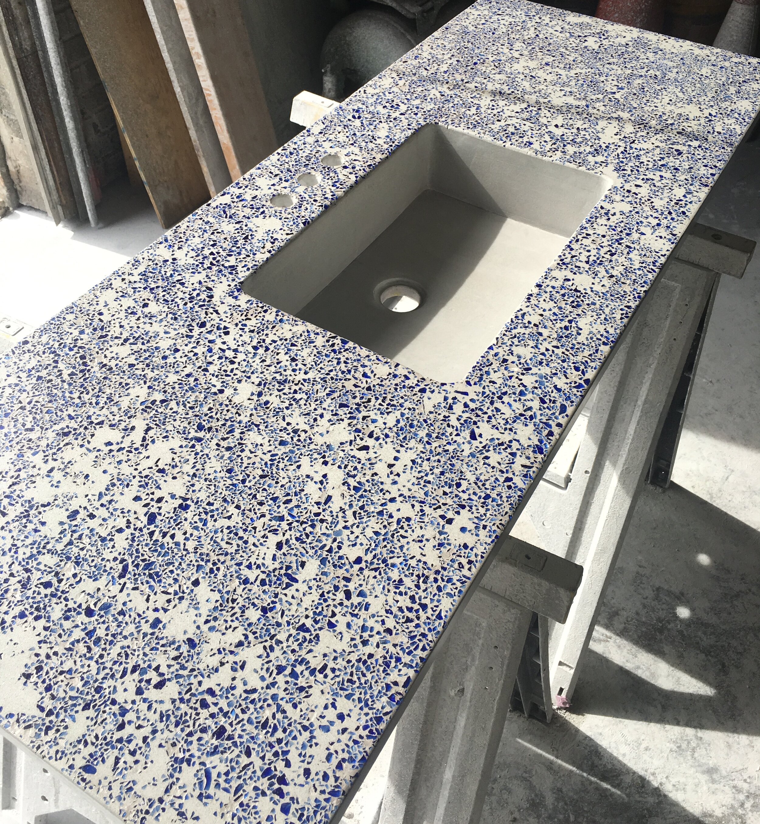Cobalt Blue Terrazzo Bath Vanity With Integrated Natural White sink