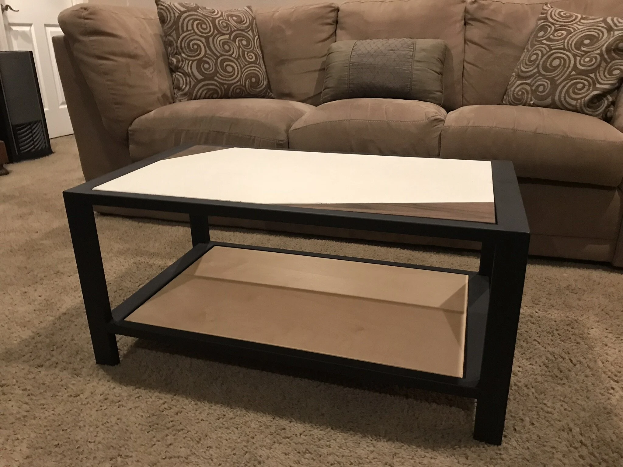 Geometric Walnut and Titanium White Concrete, Steel Base and Baltic Birch Undershelf