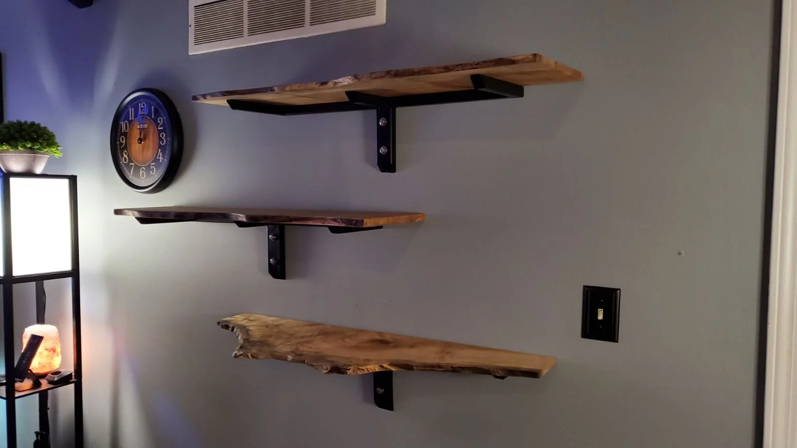 Spalted Maple Live Edge Wall Shelves with Steel Trident support Frames