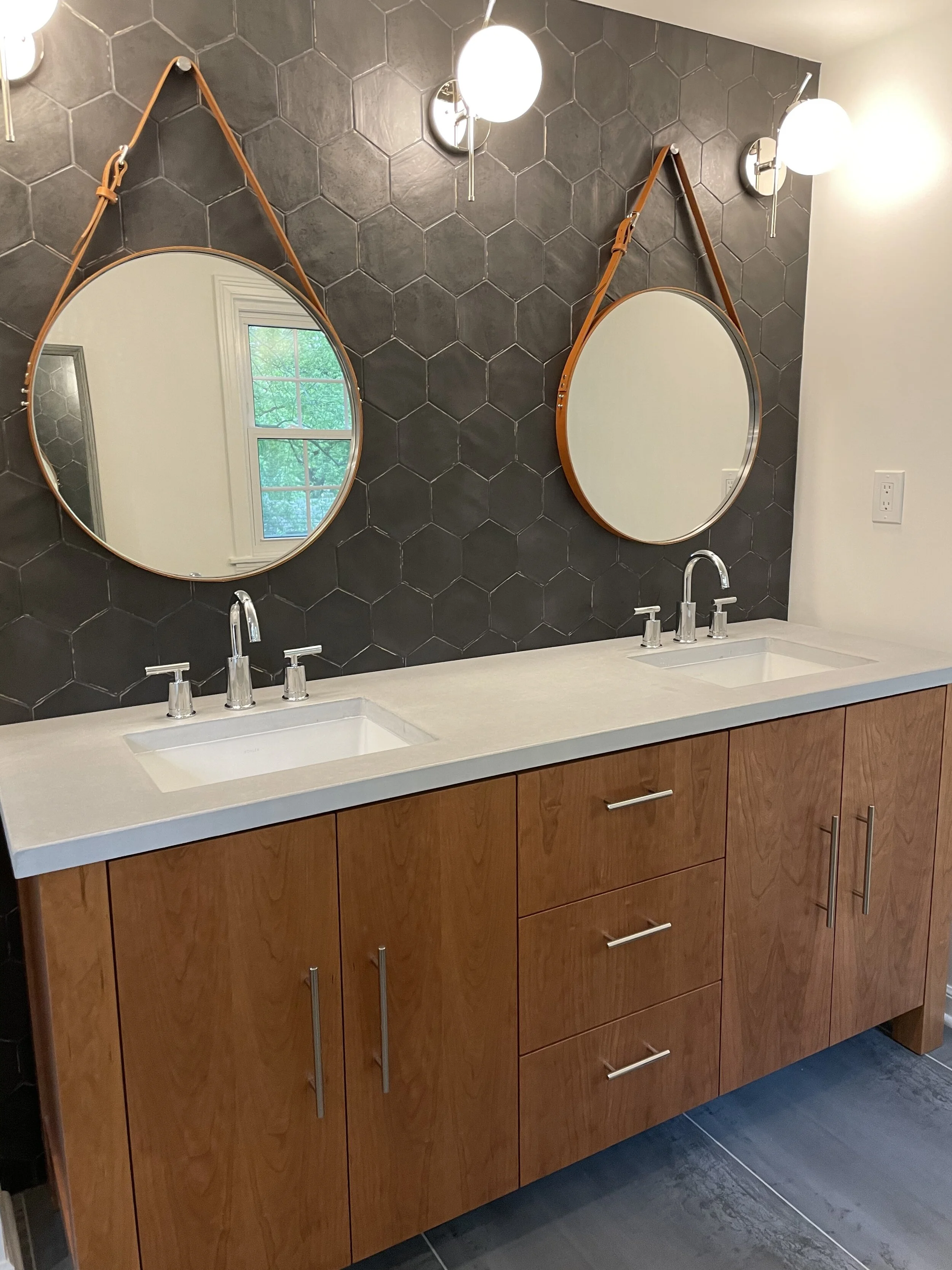 Dove Gray Vanity top with white undermount sinks and Cherry Wood Vanity