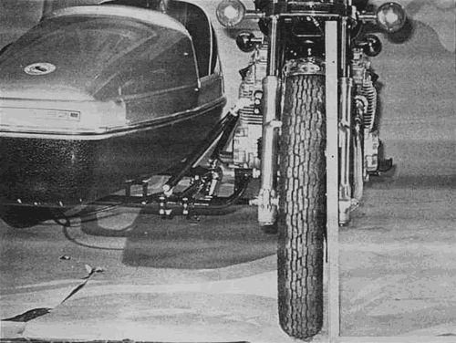 Note clearance between tire and angle bracket at ground surface. Lean-out, with empty sidecar, is 1/8 of an inch.