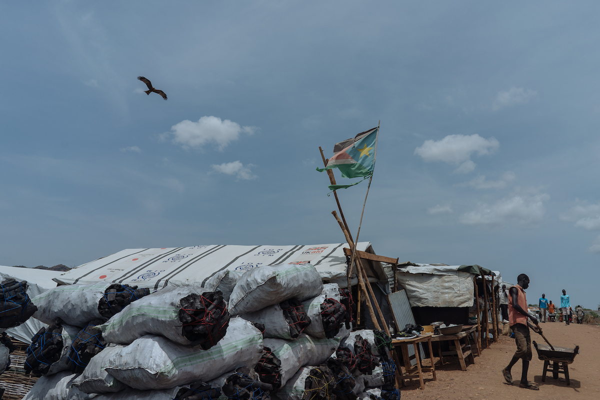A South Sudanese flag flies in the Protection of Civilians site in Juba.